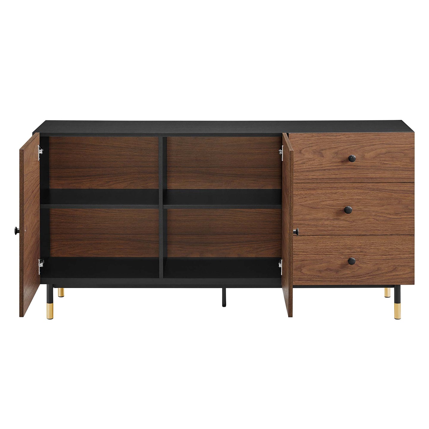 Walnut sideboard with black top, left double-door cabinet & shelves, right three-drawer unit, gold-tipped legs