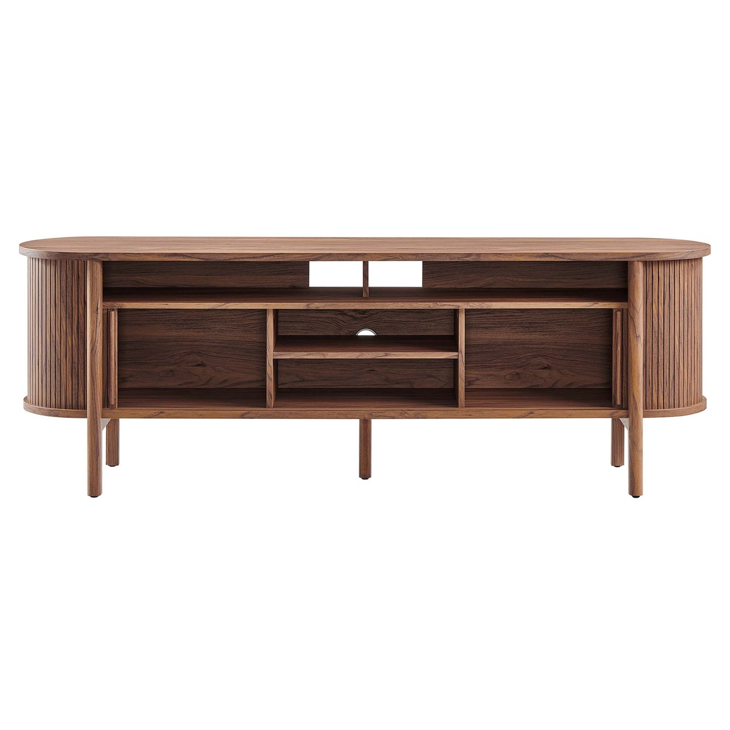 Walnut wood mid-century modern TV stand with rounded end cabinets, central open shelf, and two small middle drawers.