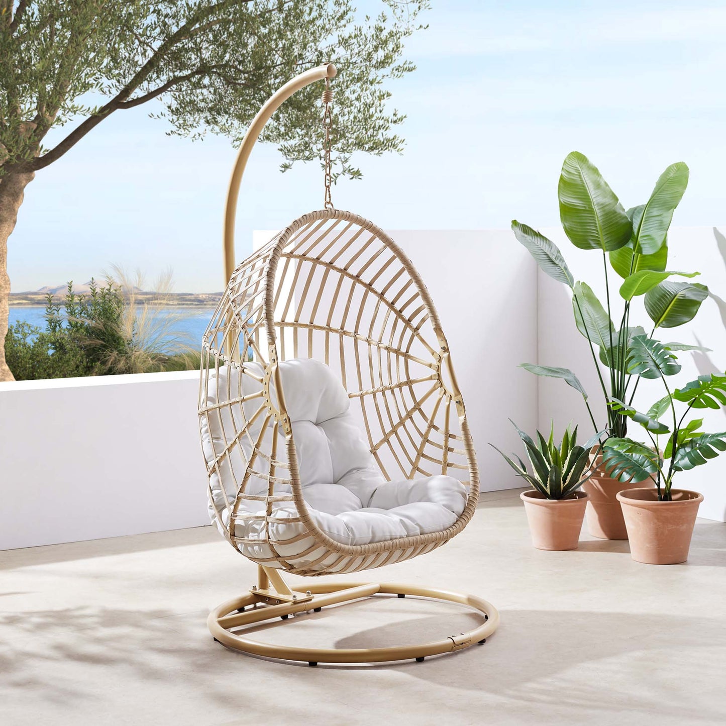 Modway - Amalie Wicker Rattan Outdoor Patio Rattan Swing Chair by Modway Outdoor Furniture Daybeds and Lounges White - EEI-6337-NAT-WHI