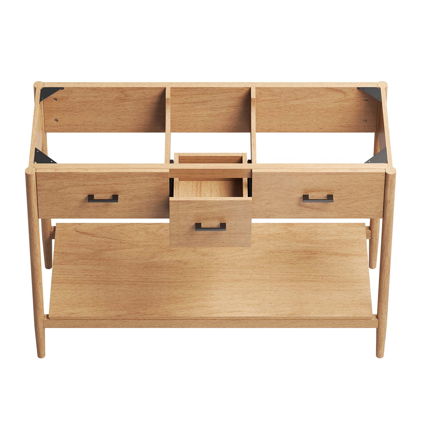 Natural wood bathroom vanity cabinet with doors and drawers; designed for a double-sink setup (sink basins not included).