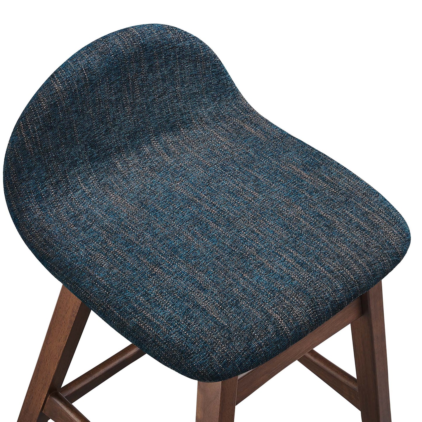 Mid-century inspired counter stools with curved navy blue textured fabric seats & solid wood legs, set of 2.