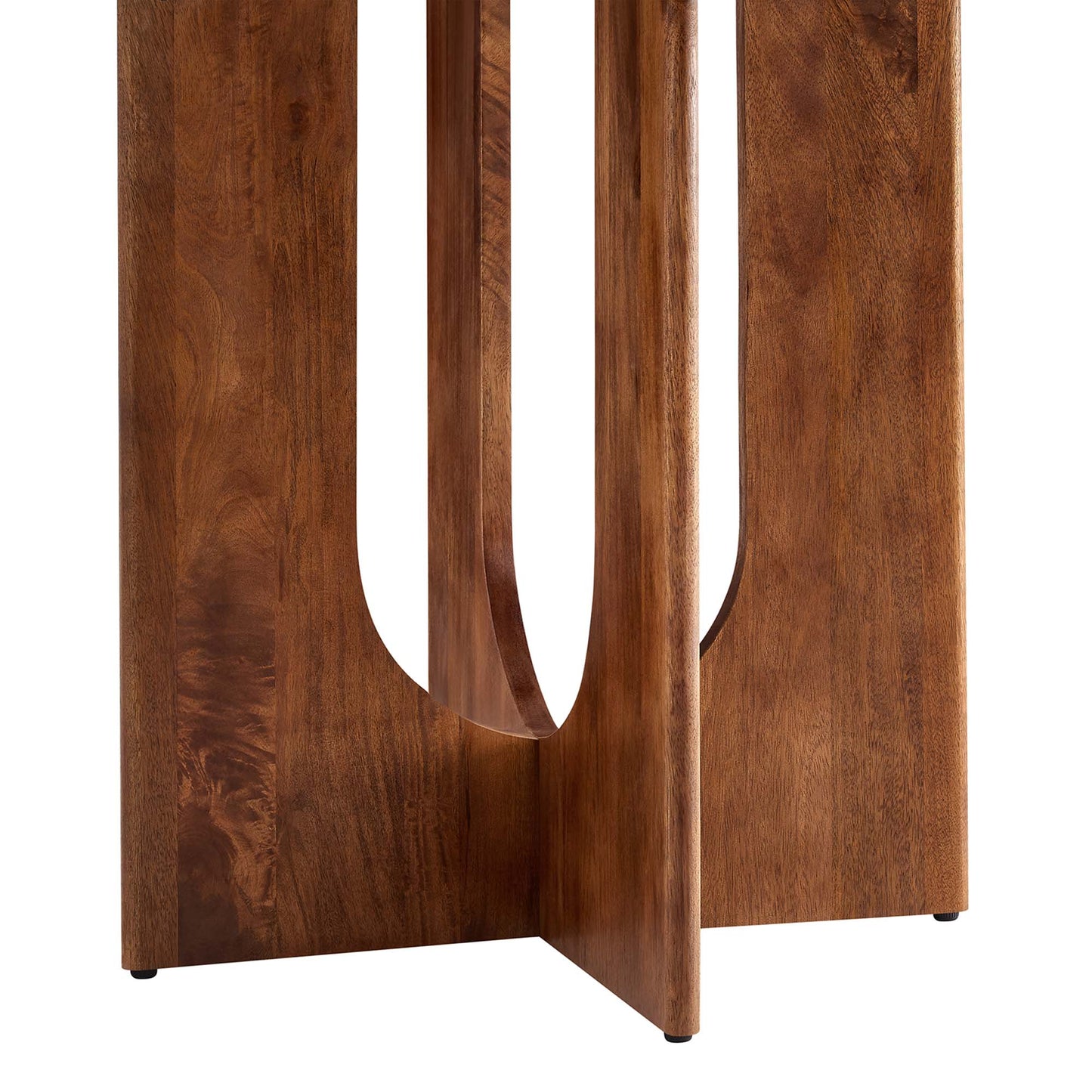Walnut-finish round dining table with 48-inch diameter and a double-arched open pedestal base.