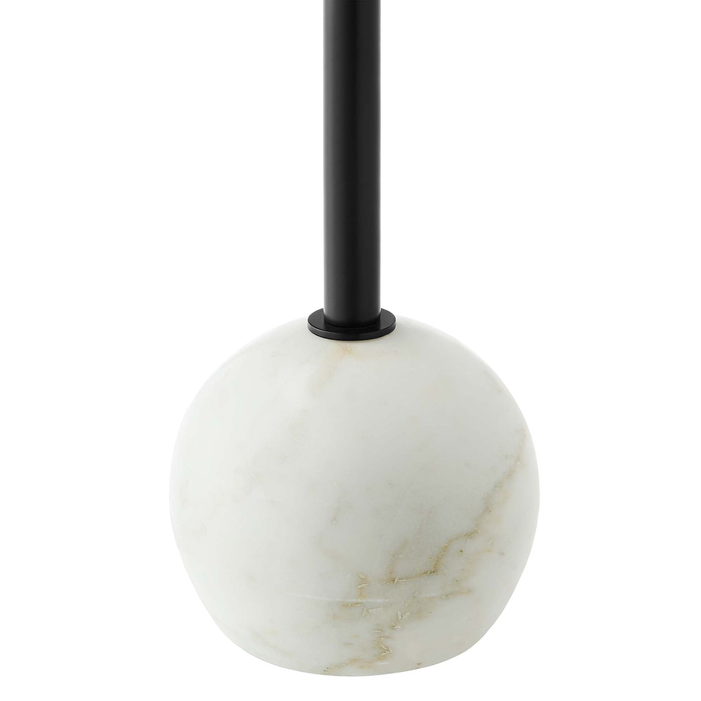Round white marble top side table on a black metal frame.