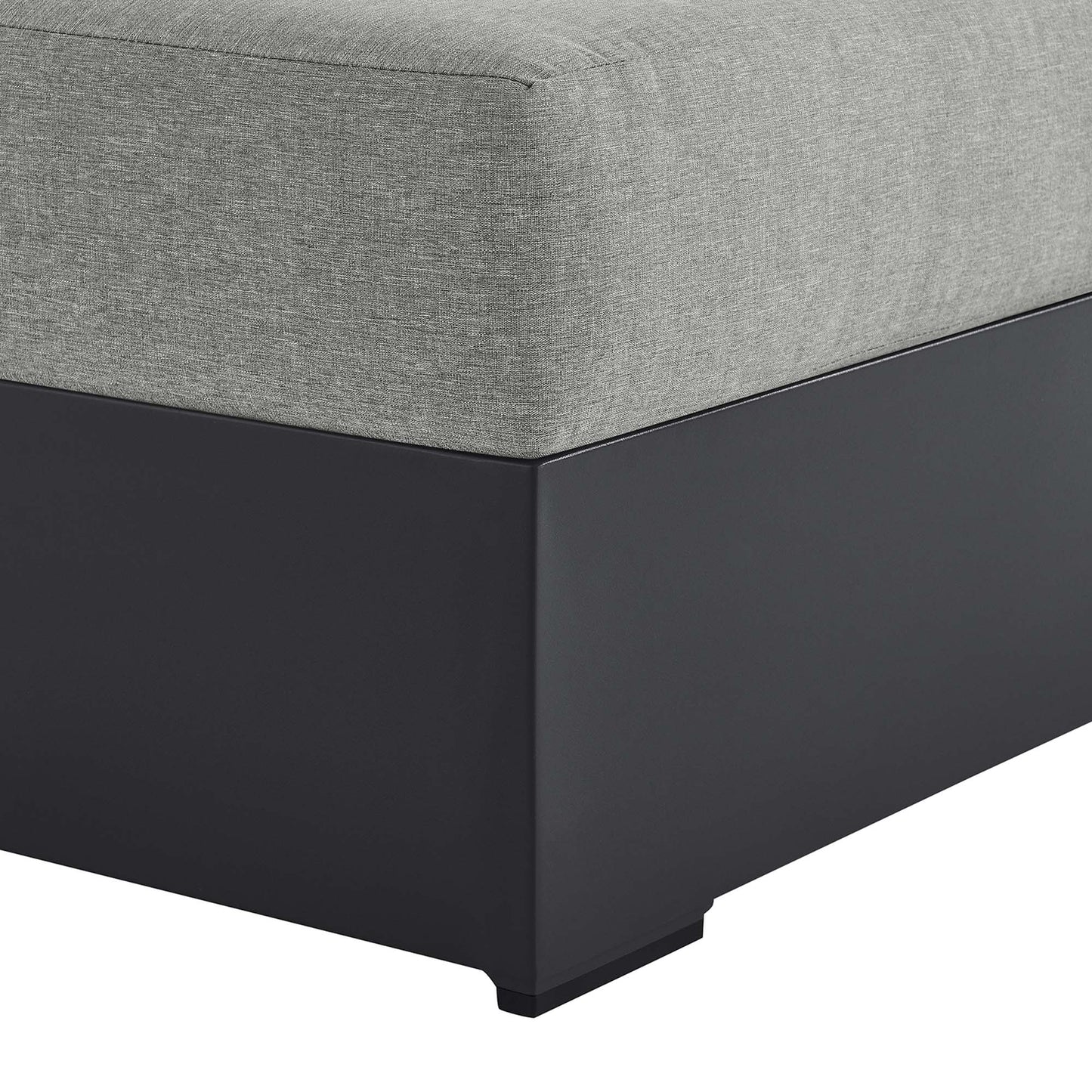 Grey fabric cushions on a dark gray powder-coated aluminum outdoor modular chaise lounge with clean square edges.