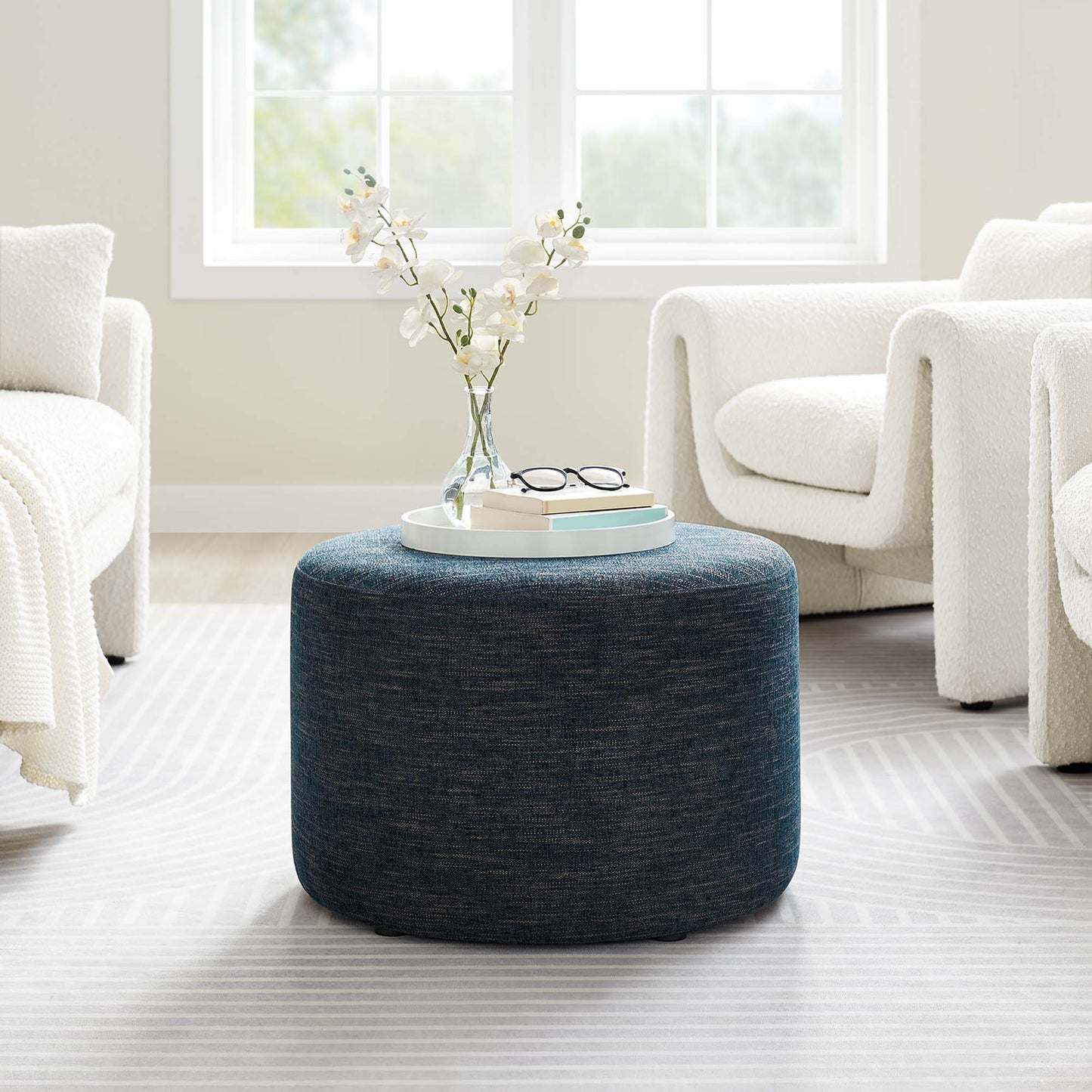 Modway - Callum Large 23" Round Woven Heathered Fabric Upholstered Ottoman by Modway Living Room Sofas and Armchairs Blue - EEI-6645-HEA