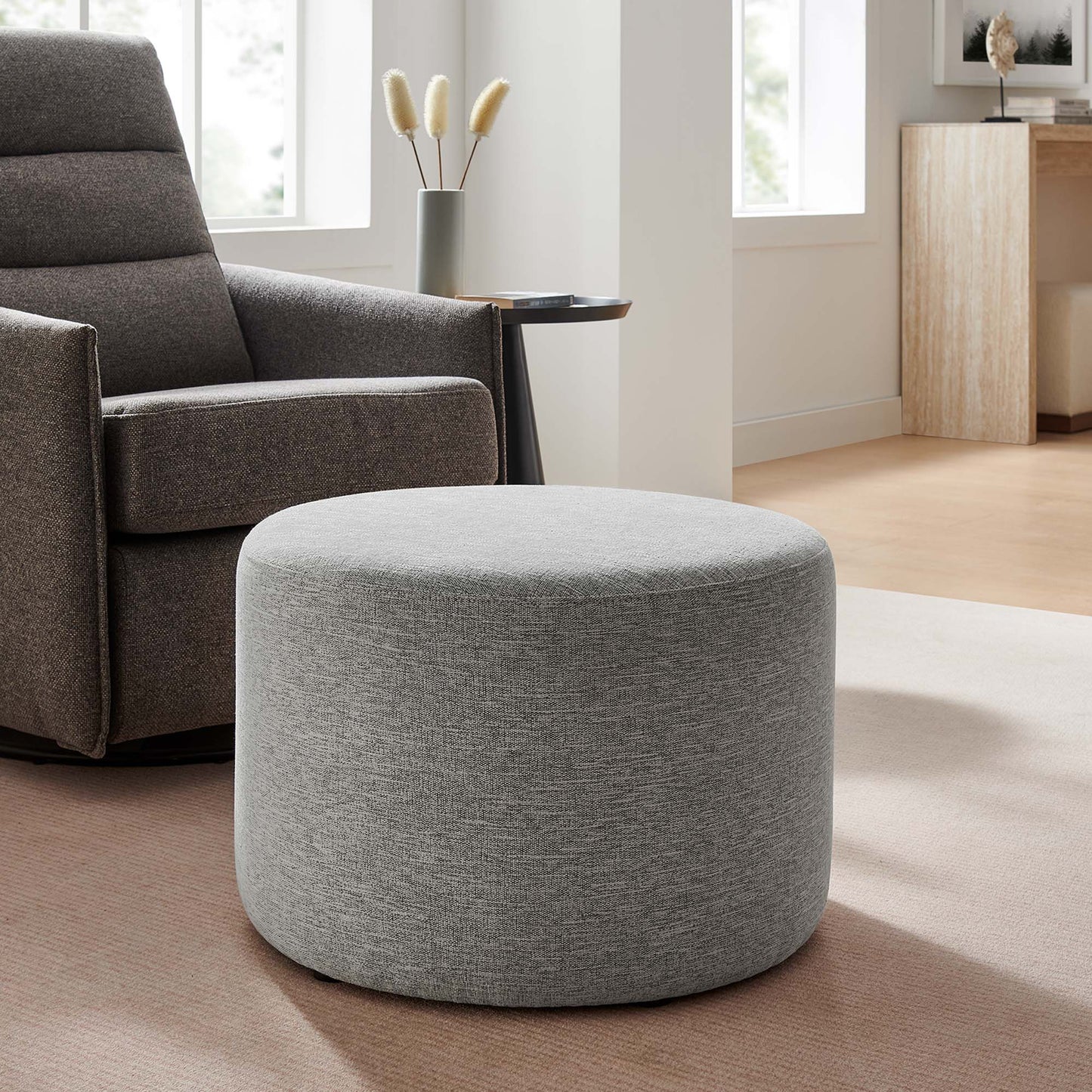 Modway - Callum Large 23" Round Woven Heathered Fabric Upholstered Ottoman by Modway Living Room Sofas and Armchairs Gray - EEI-6645-HLG