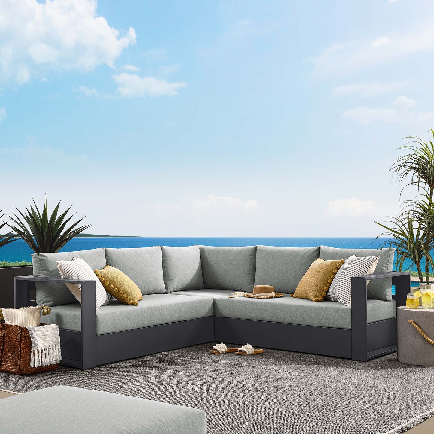Modway - Tahoe 3-Piece Outdoor Patio Powder-Coated Aluminum Sectional Sofa Set by Modway Outdoor Furniture Sofa Sectionals Gray - EEI-6668-GRY-GRY
