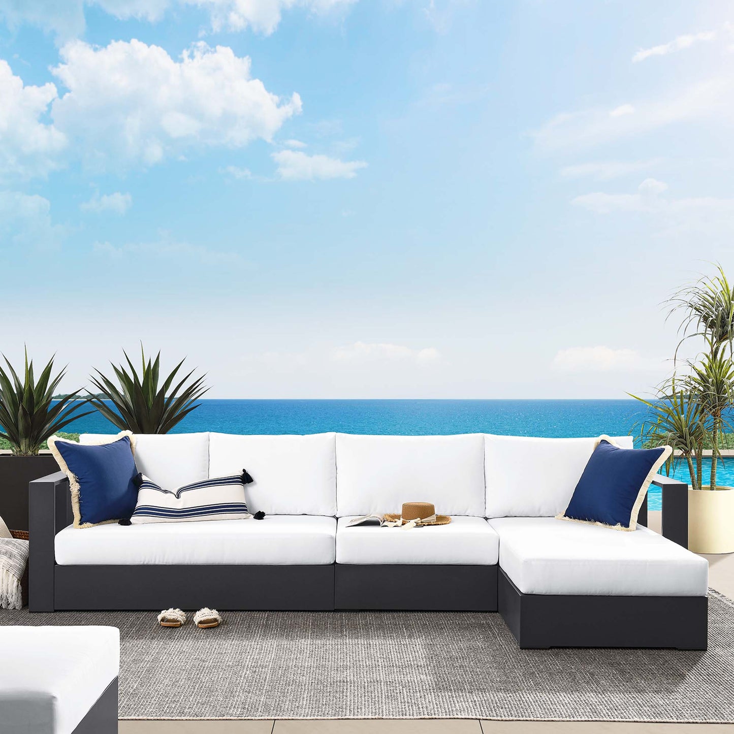 Modway - Tahoe 3-Piece Outdoor Patio Powder-Coated Aluminum Right-Facing Chaise Sectional Sofa Set by Modway Outdoor Furniture Sofa Sectionals White - EEI-6671-GRY-WHI