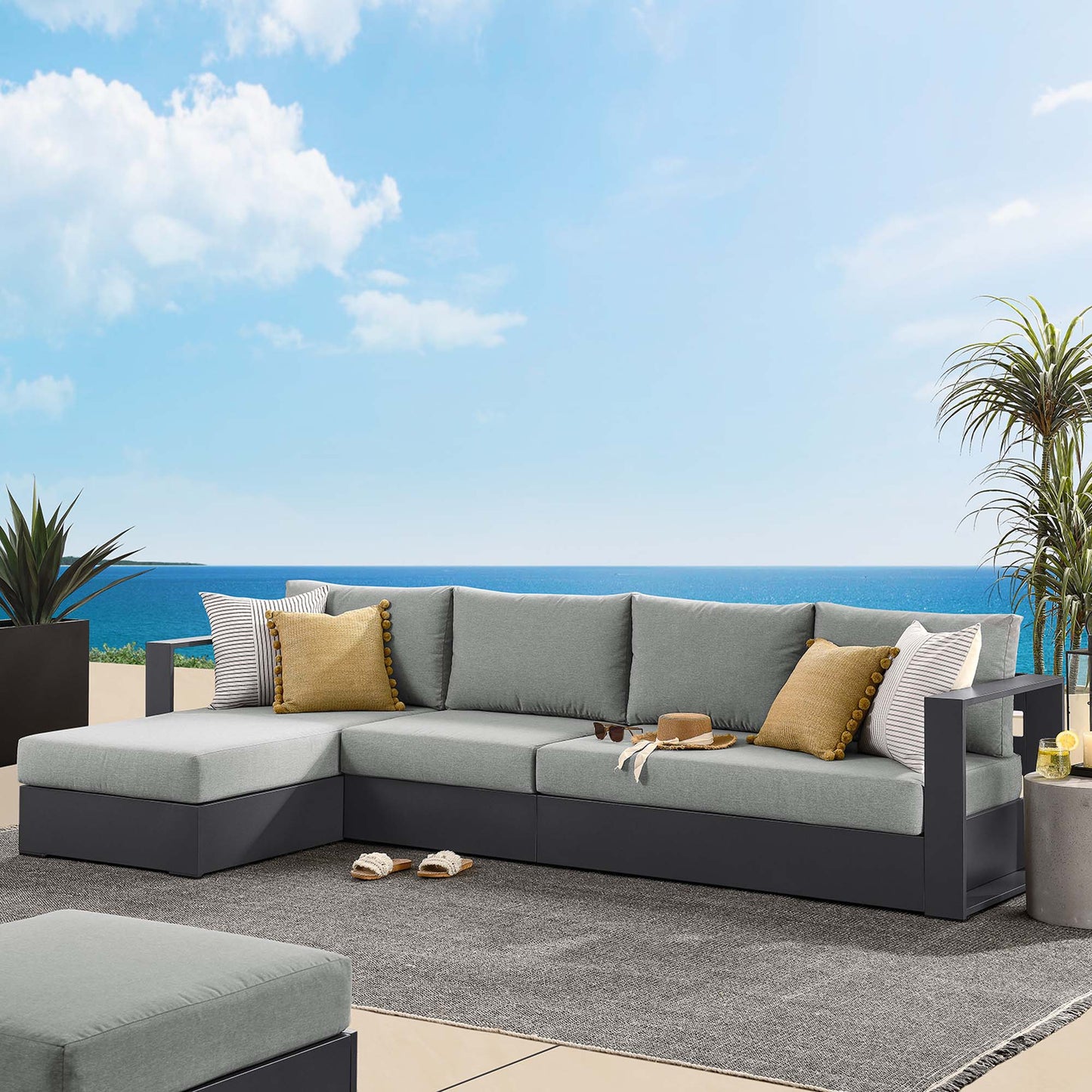 Modway - Tahoe 3-Piece Outdoor Patio Powder-Coated Aluminum Left-Facing Chaise Sectional Sofa Set by Modway Outdoor Furniture Sofa Sectionals Gray - EEI-6672-GRY-GRY