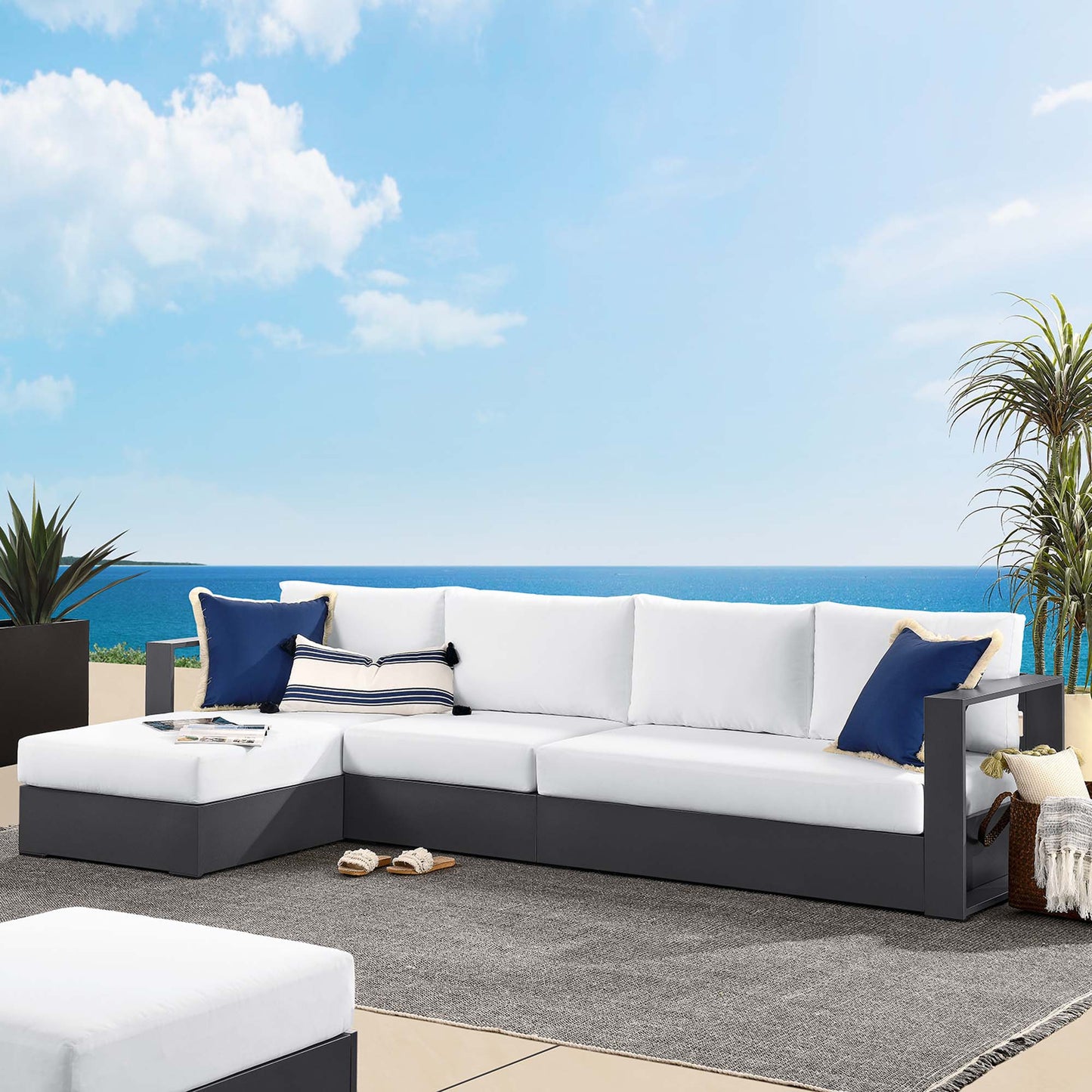 Modway - Tahoe 3-Piece Outdoor Patio Powder-Coated Aluminum Left-Facing Chaise Sectional Sofa Set by Modway Outdoor Furniture Sofa Sectionals White - EEI-6672-GRY-WHI