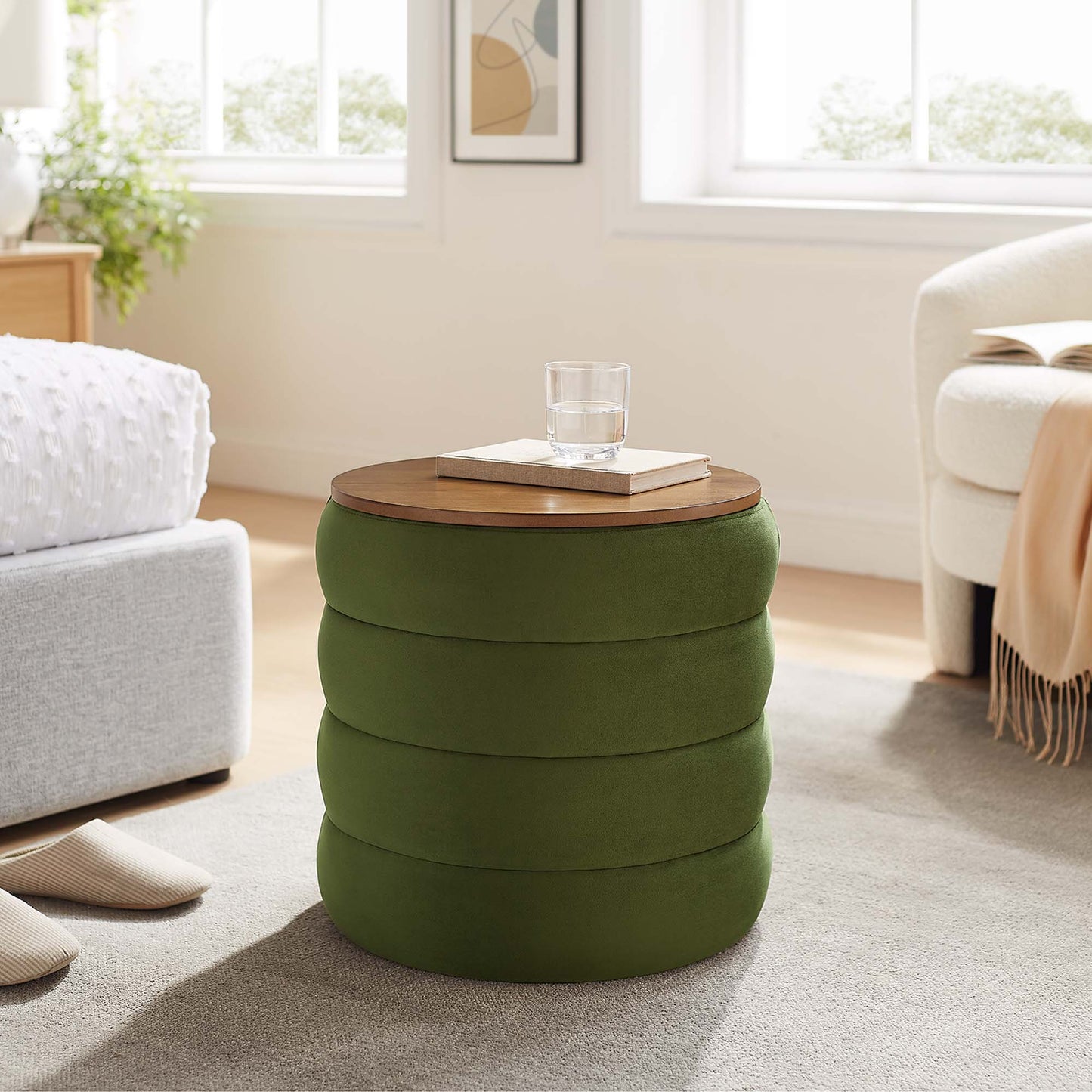 Modway - Mezzo Round Performance Velvet Storage Ottoman by Modway Living Room Sofas and Armchairs Green - EEI-6684-MOG