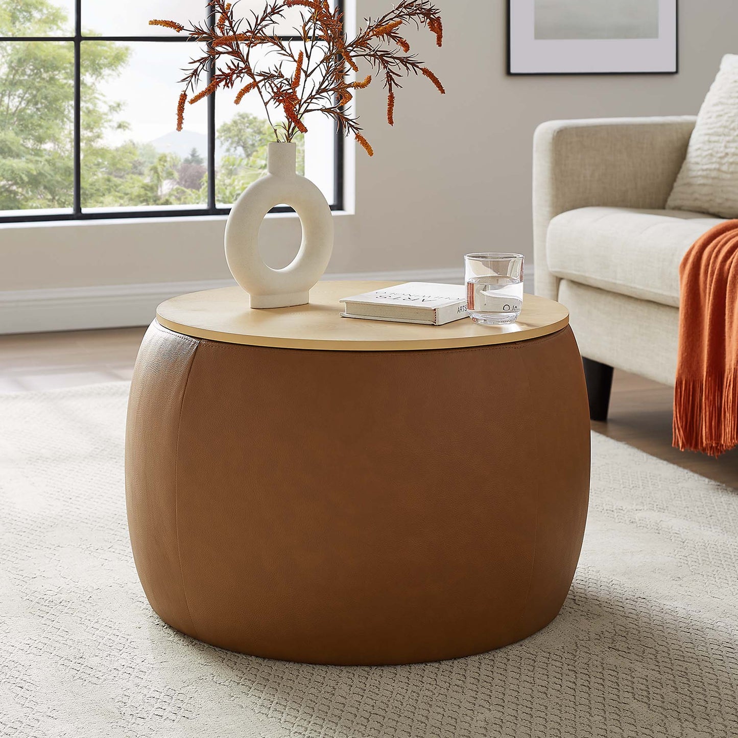 Modway - Perla Round Vegan Leather Storage Ottoman by Modway Living Room Sofas and Armchairs Brown - EEI-6687-TAN