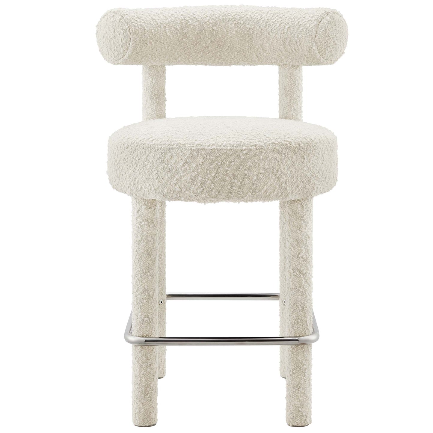 Ivory boucle fabric counter stool with round cushioned seat, cylindrical backrest, four covered legs, chrome footrest (set of 2).