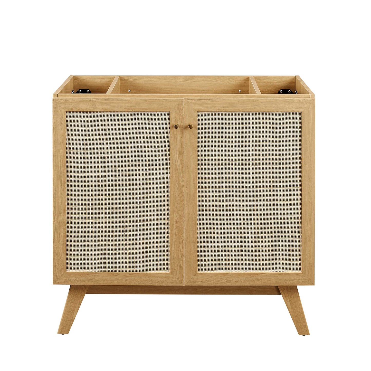 Natural oak bathroom vanity with two cane panel doors, open top storage & mid-century modern with angled legs.