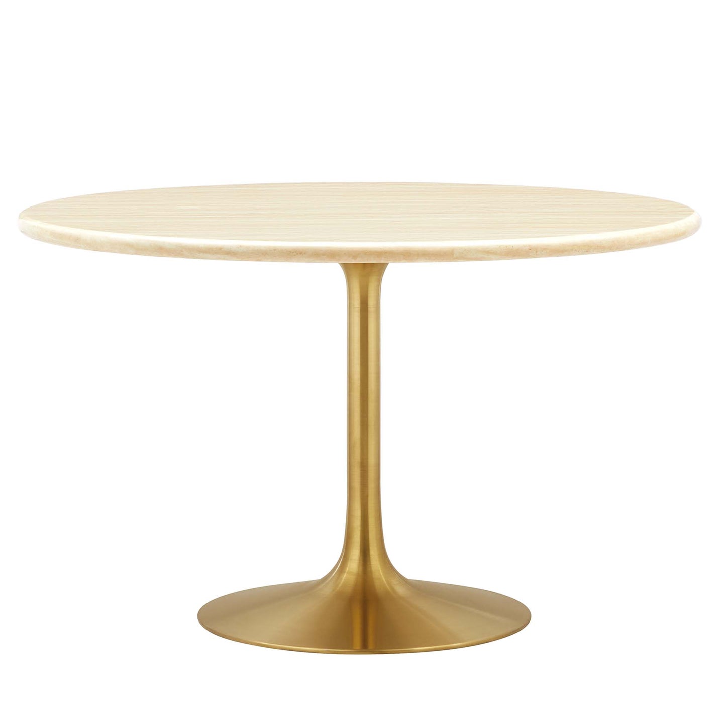 Round faux travertine dining table with a gold brass pedestal base.