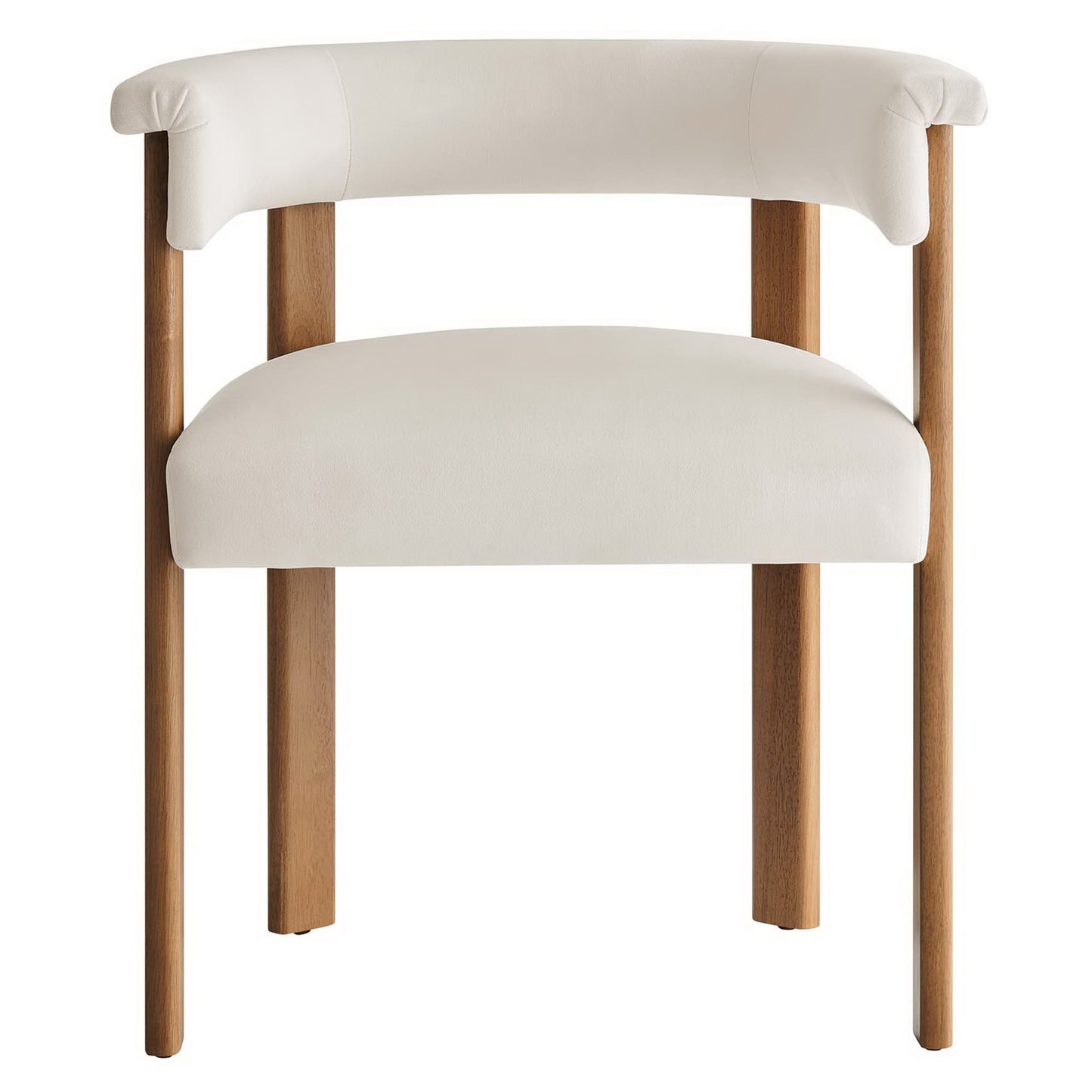 White velvet padded barrel dining chair with natural wood legs and rounded backrest, set of 2.