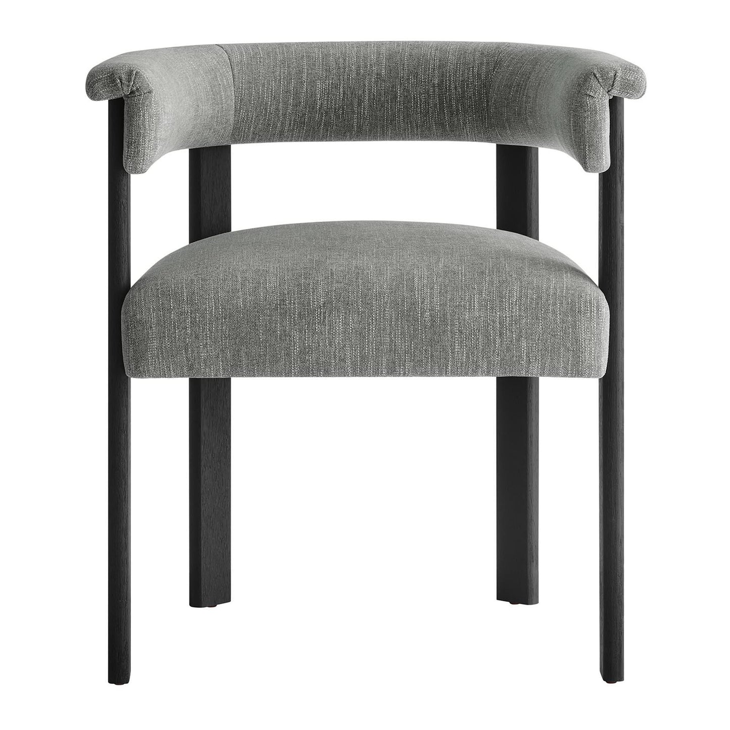 Gray fabric upholstered barrel-back dining chairs with integrated armrests on black tapered legs; set of 2.
