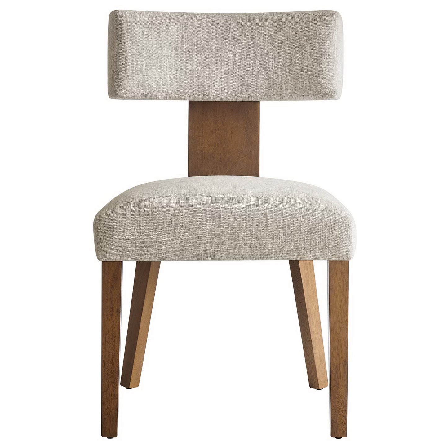 White fabric upholstered dining chairs with cushioned seats and backrests, wooden legs; set of 2, mid-century modern design.