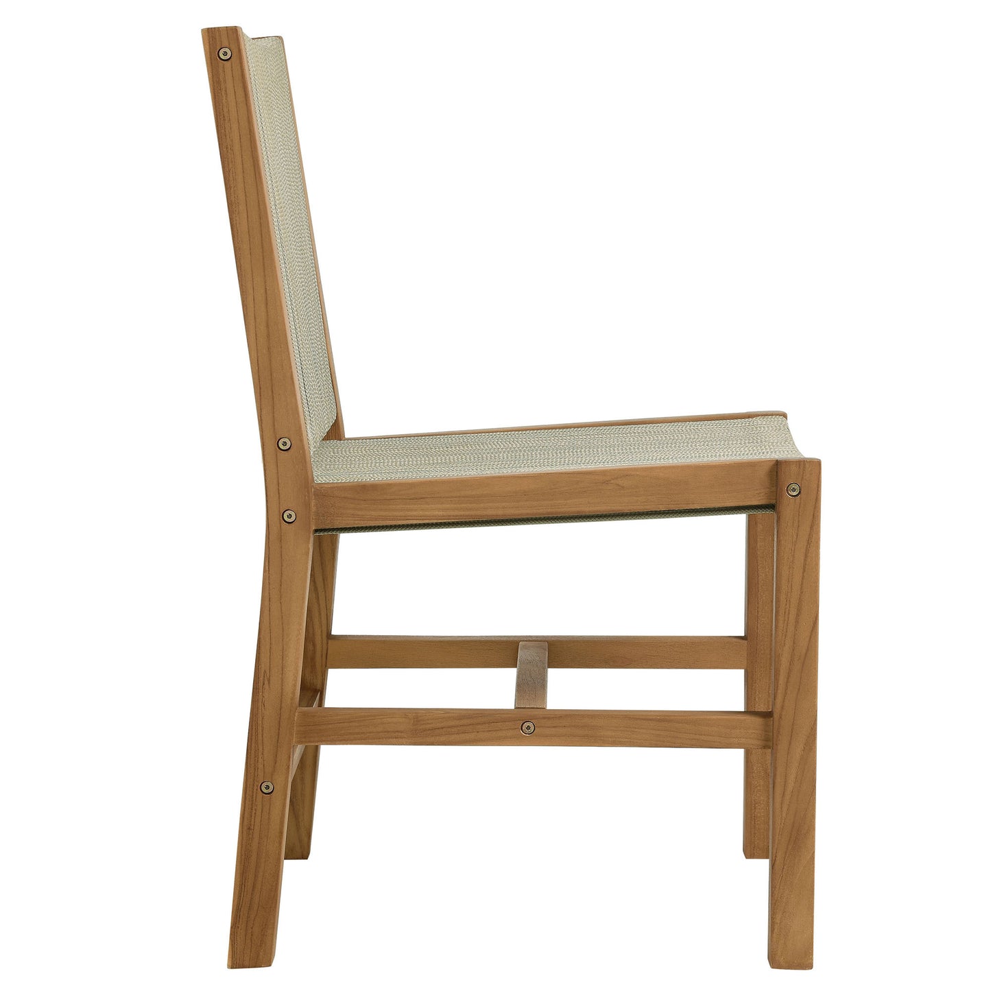 Outdoor armless chair in natural teak with beige woven rope seat and back; clean lines, exposed joinery, mid-century style.