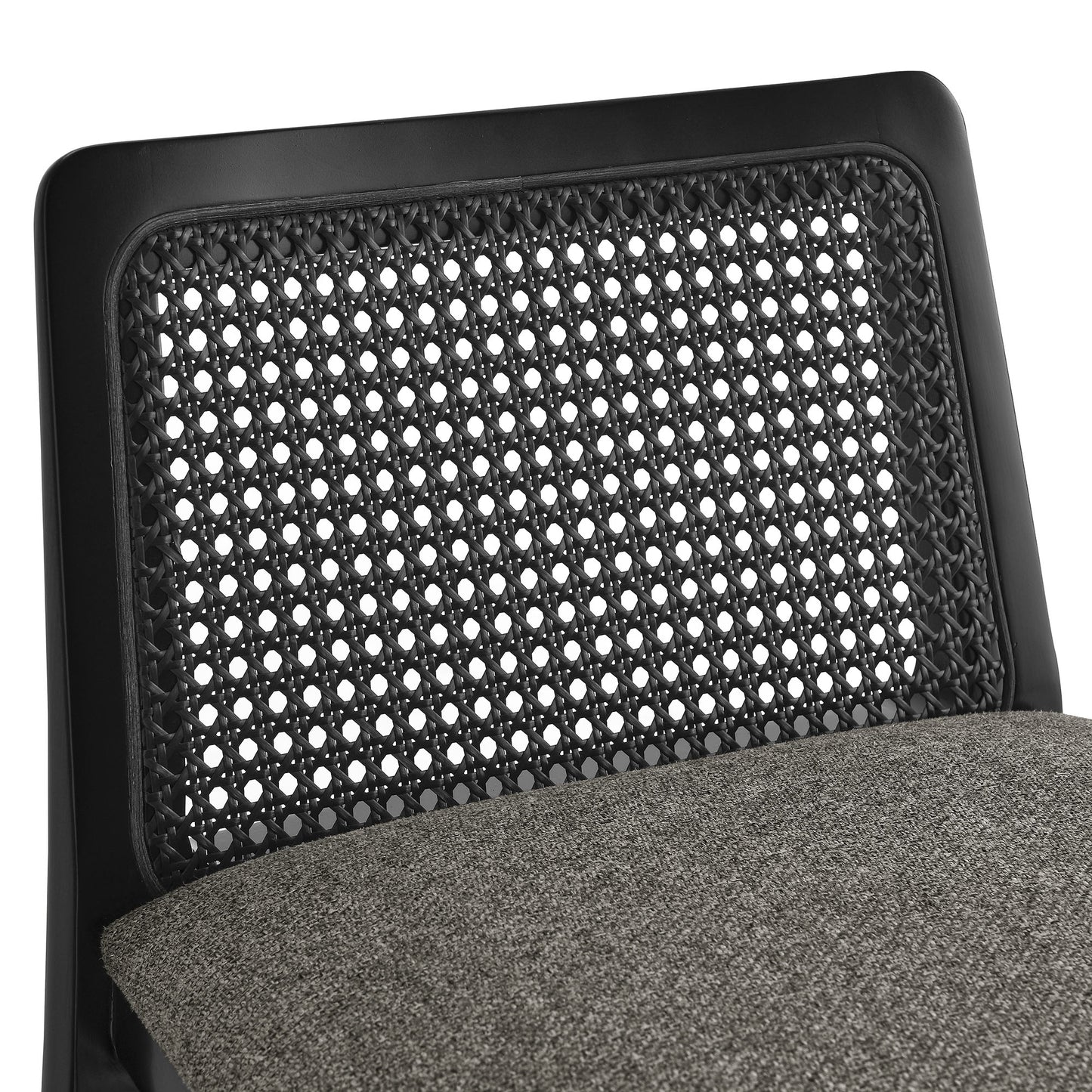 Black-framed counter stool with woven cane back and gray fabric upholstered seat, modern bar & dining style.