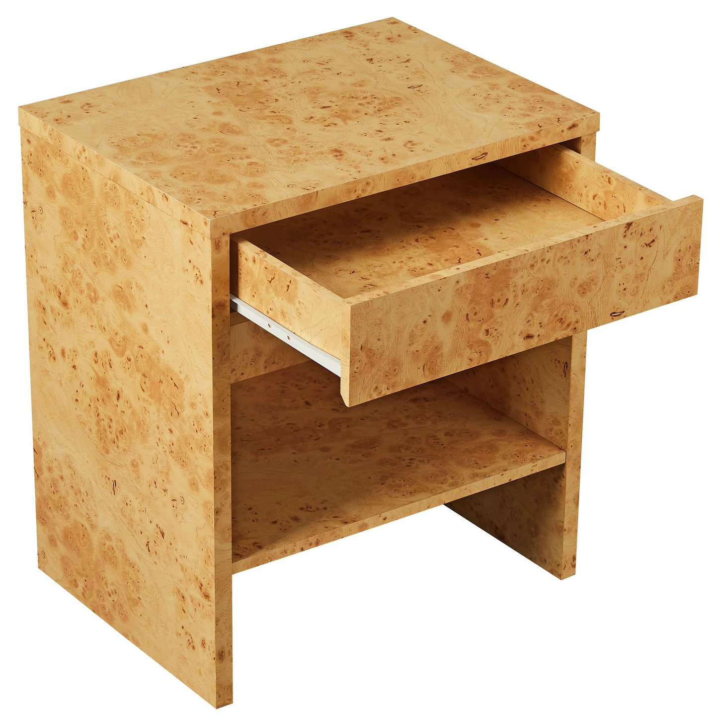 Burl wood nightstand with 1 drawer and a lower shelf in natural tan finish.