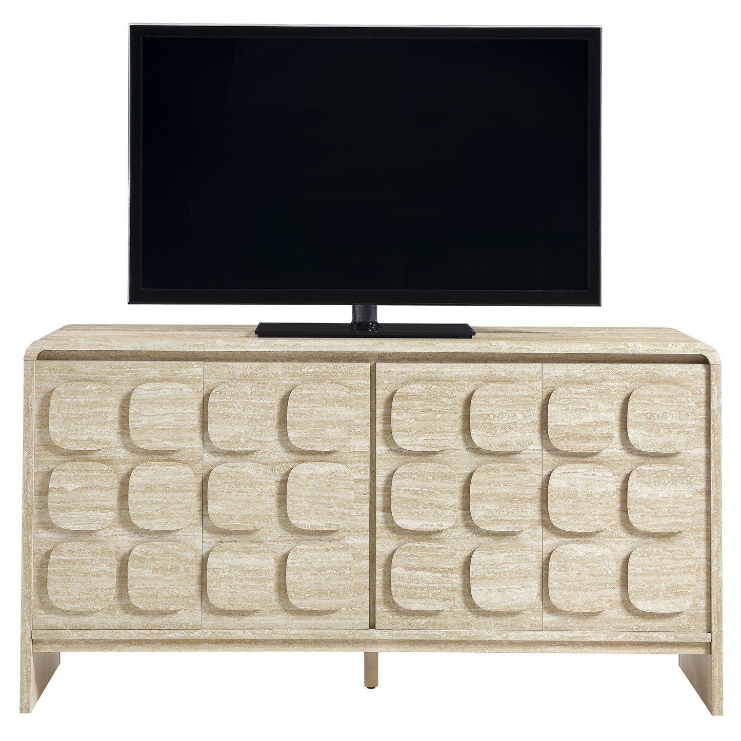Beige wood sideboard with circular-arc panel fronts.