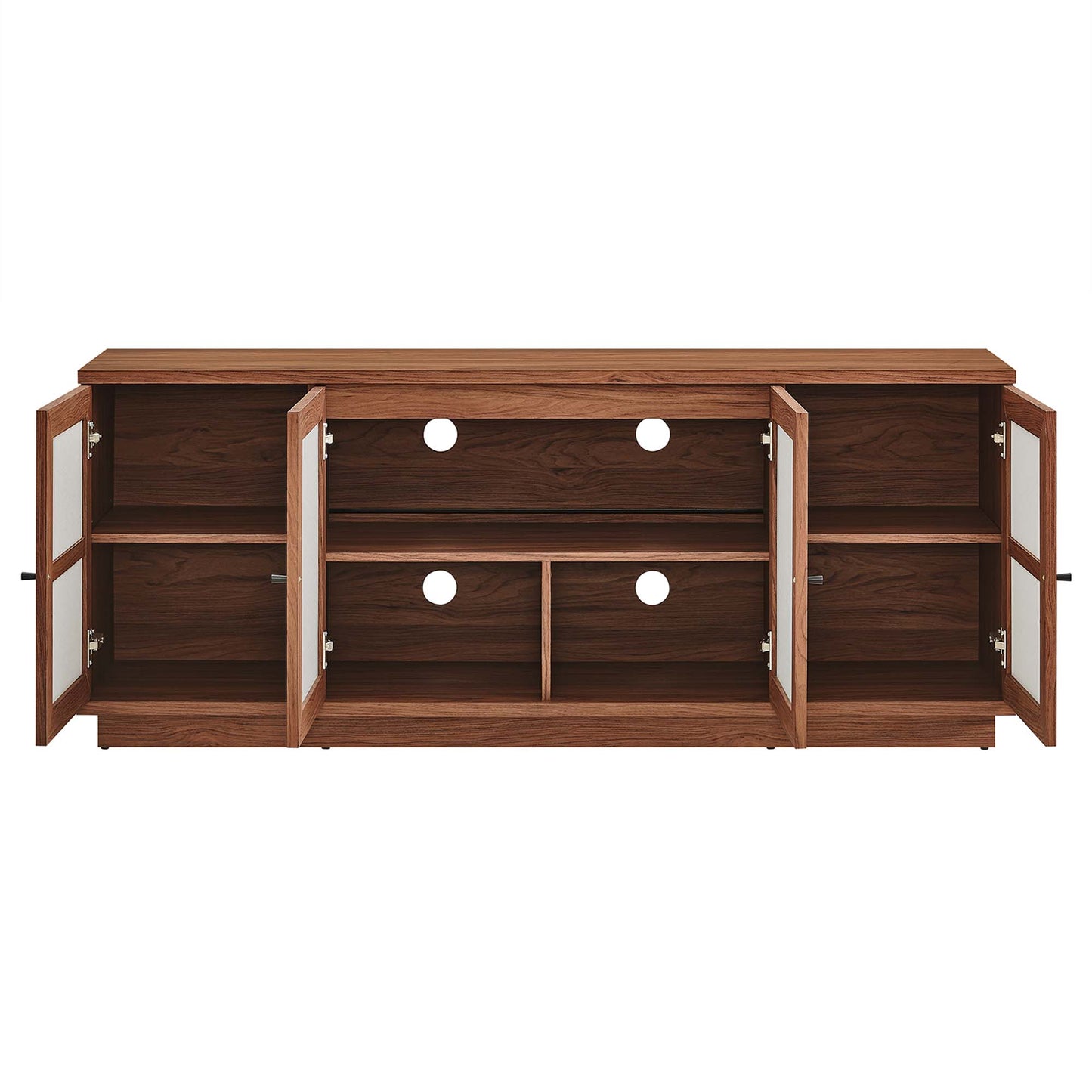 Walnut-finish wood TV console with glass end doors, multiple shelves, central drawers and cable holes.