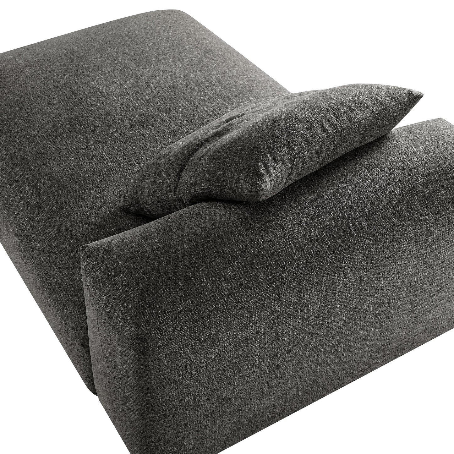 Charcoal gray fabric armless chaise lounge with a matching cushion, modern upholstered living room seating.