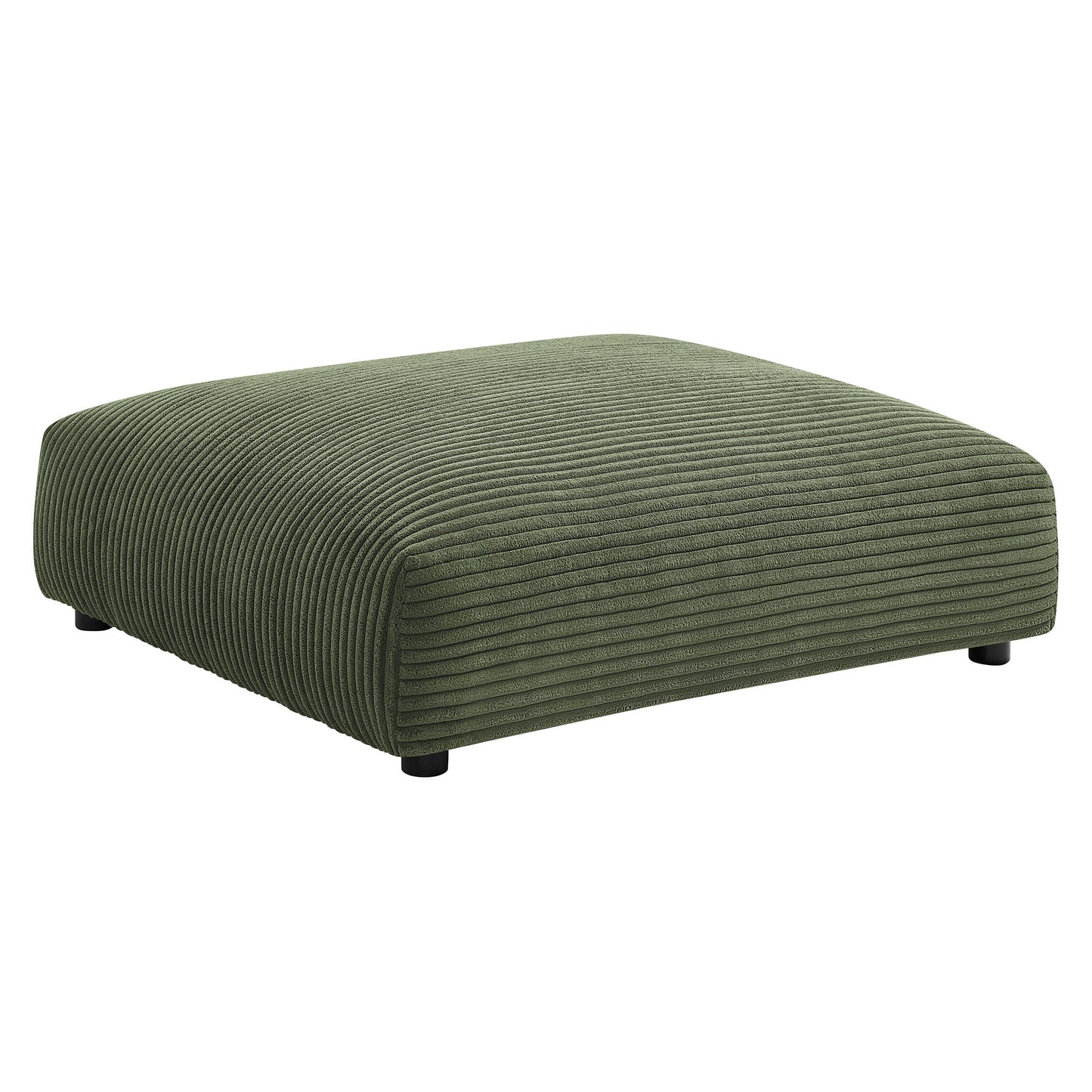 Olive green corduroy modular sectional sofa with ottoman; ribbed rectangular cushions with small black feet.