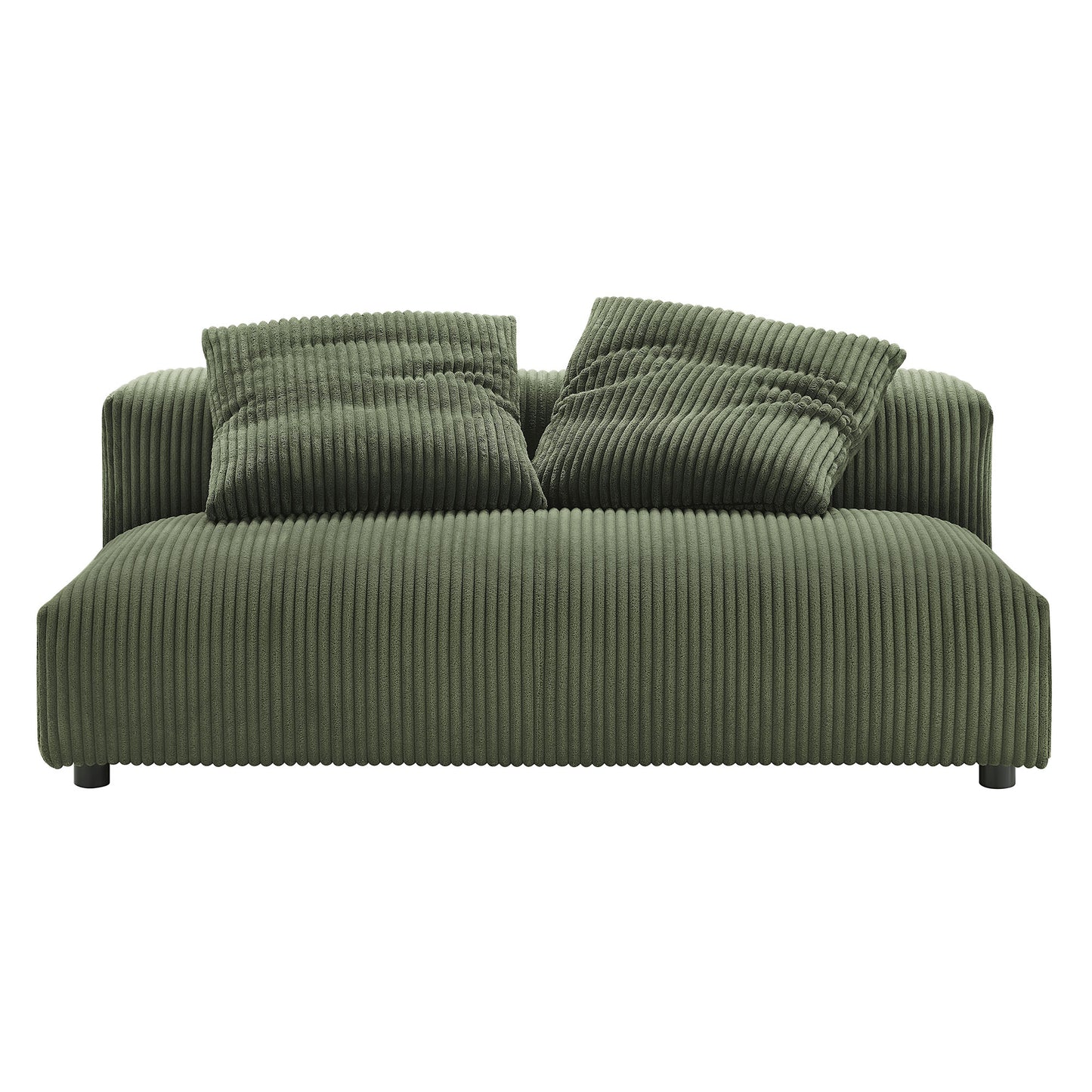 Olive-green corduroy armless loveseat and ottoman set with ribbed texture and two matching cushions.