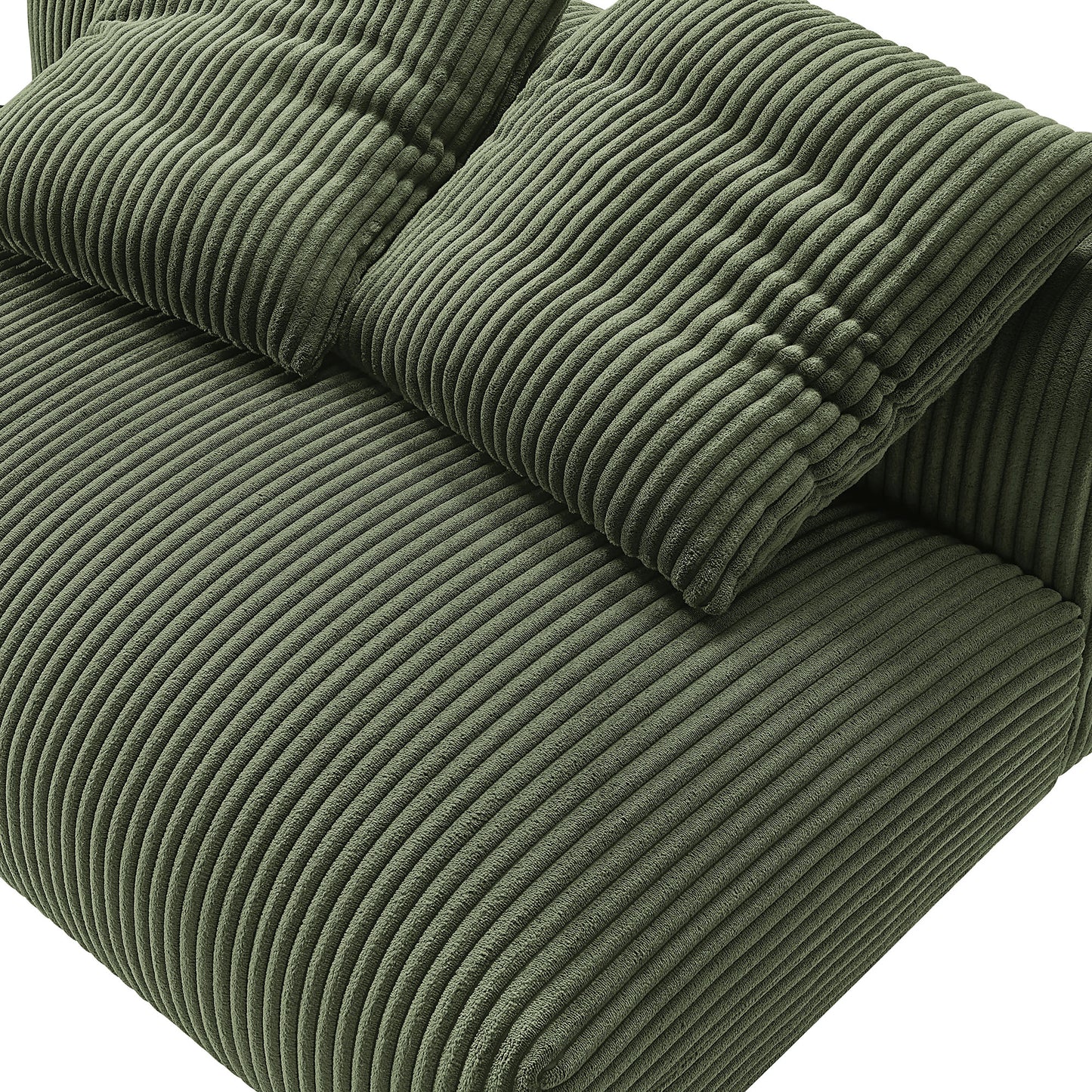 Olive green corduroy armless loveseat with ribbed fabric and matching bolster cushions, modern lounge seating.
