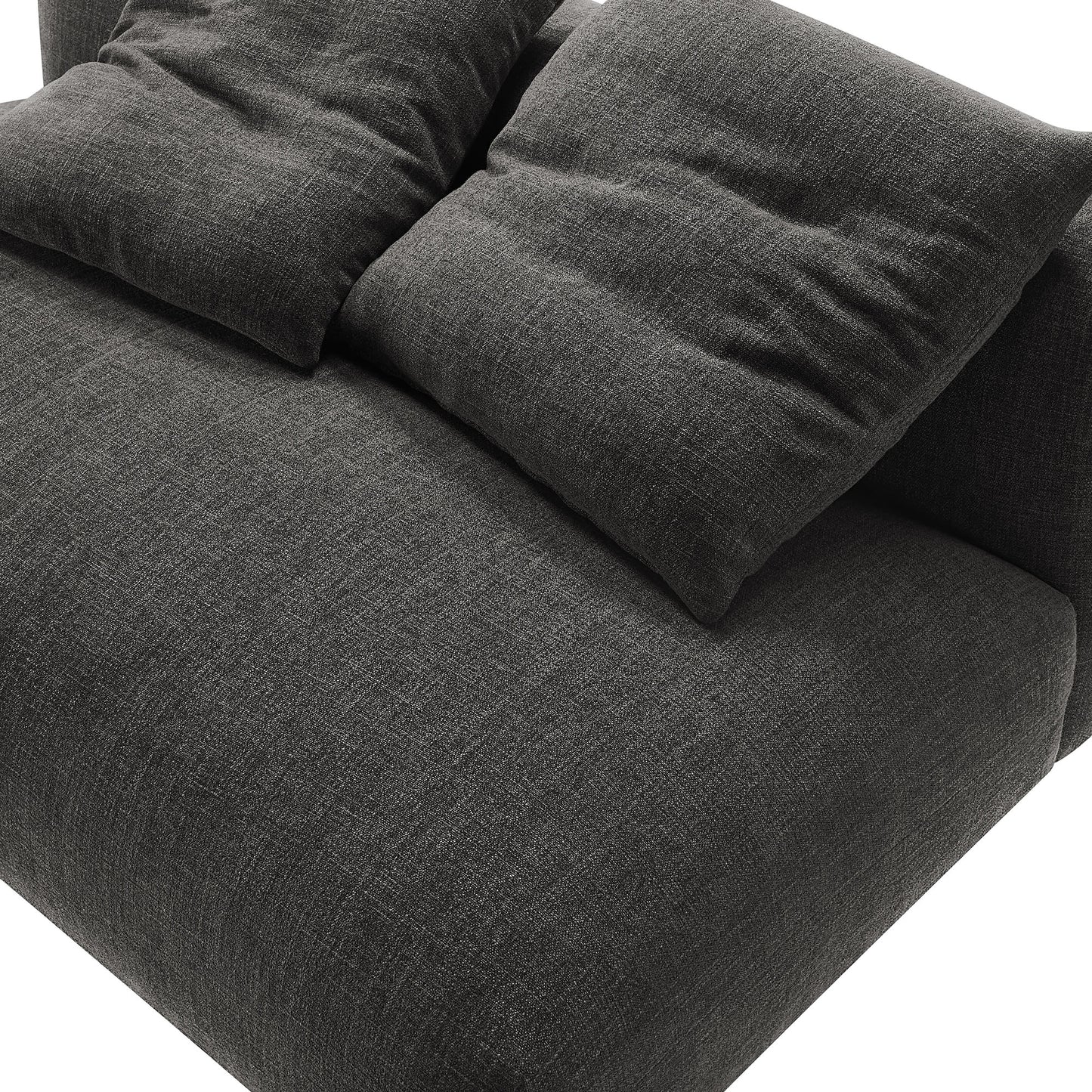 Charcoal gray woven fabric armless loveseat with two plush back cushions and clean modern styling.