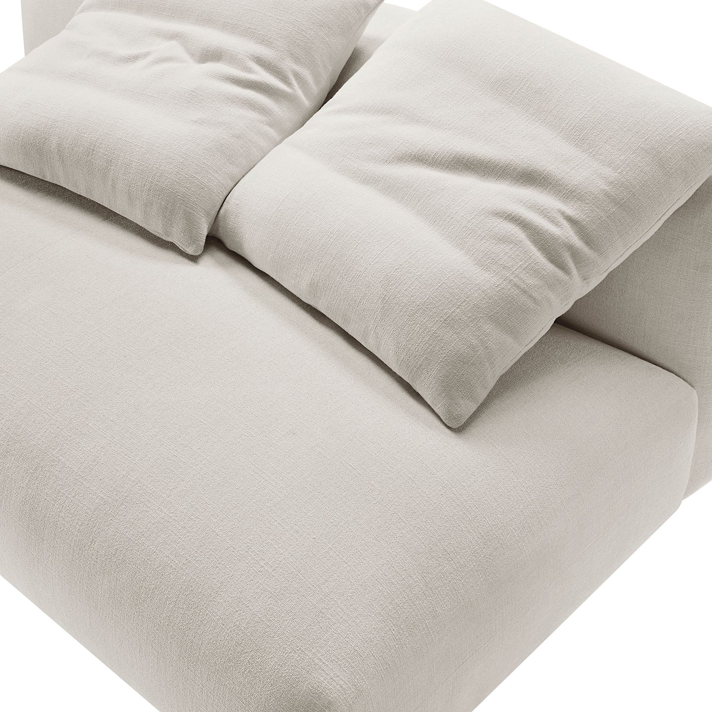 Gray linen-look fabric armless loveseat with two matching cushions, modular minimalist living room seating.