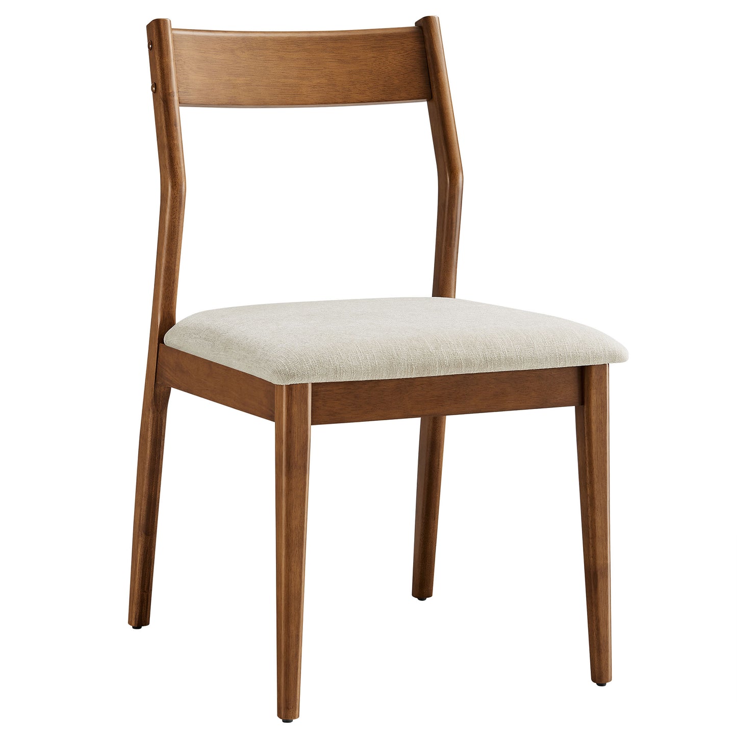 Walnut-finish wooden dining chair with curved back and beige fabric upholstered seat; one of the fabric-upholstered side chairs in a 7-piece wood dining set.