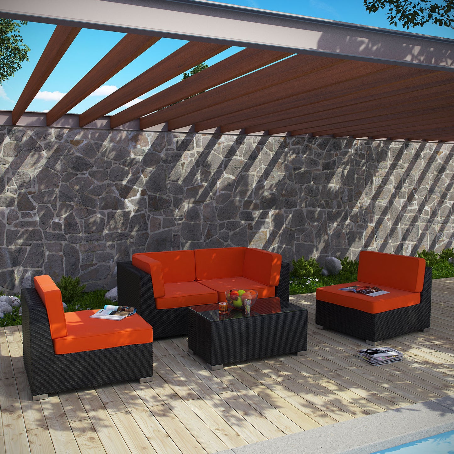 Modway Outlet Camfora 5 Piece Outdoor Patio Sectional Set by Modway Outdoor Furniture Furniture Espresso Orange - EEI-694-EXP-ORA-SET
