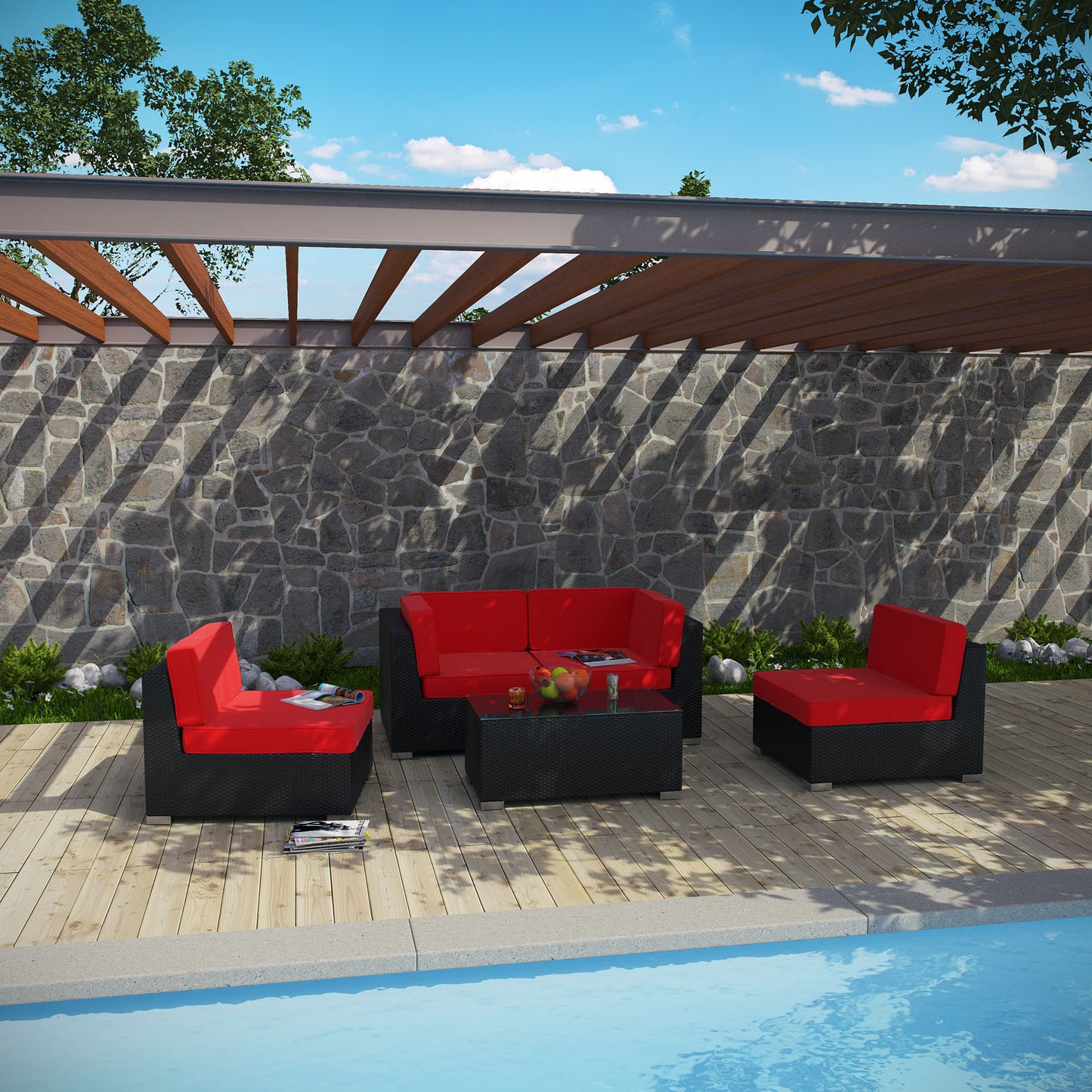 Modway Outlet Camfora 5 Piece Outdoor Patio Sectional Set by Modway Outdoor Furniture Furniture Espresso Red - EEI-694-EXP-RED-SET