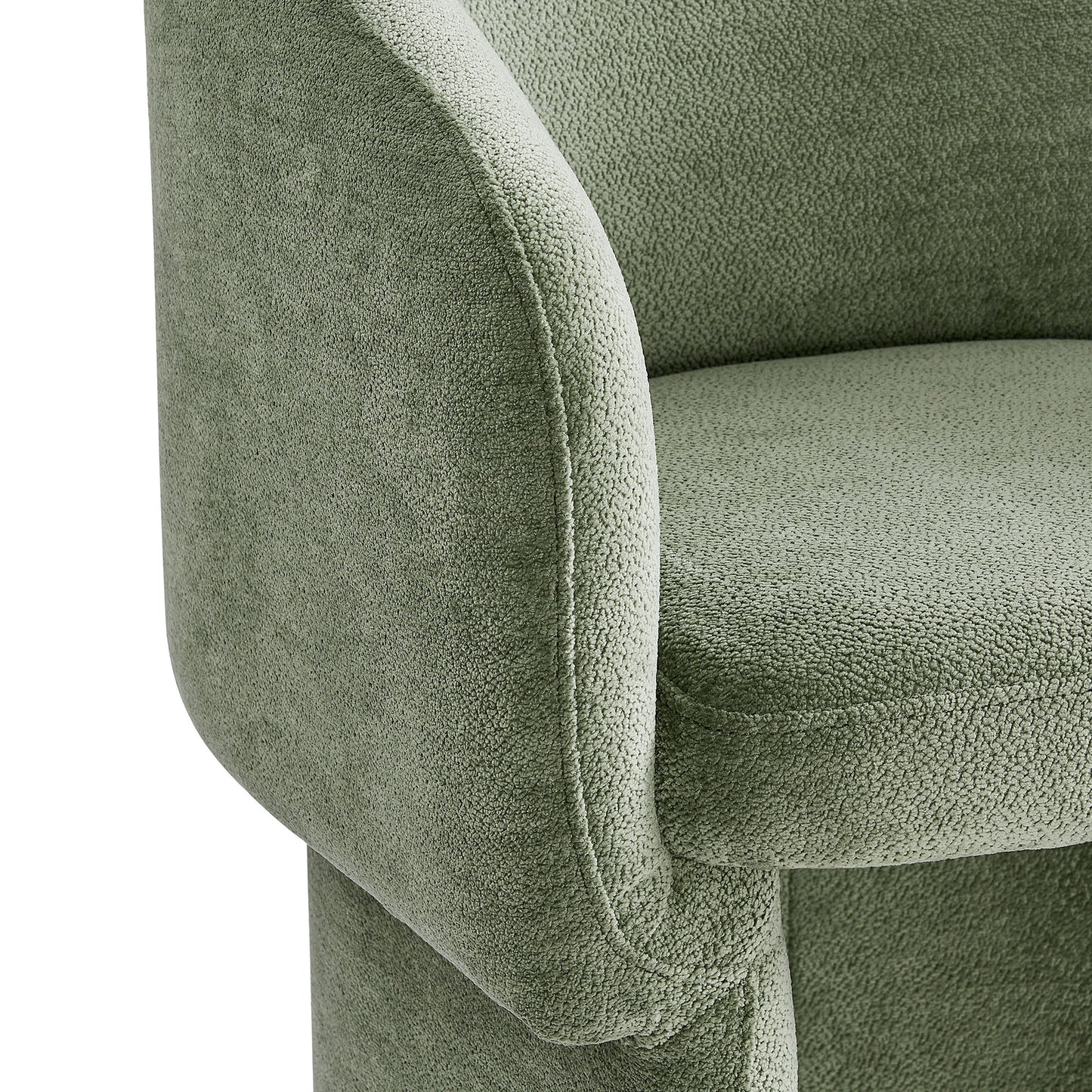 Sage green chenille dining armchair with curved armrest and plush cushion.