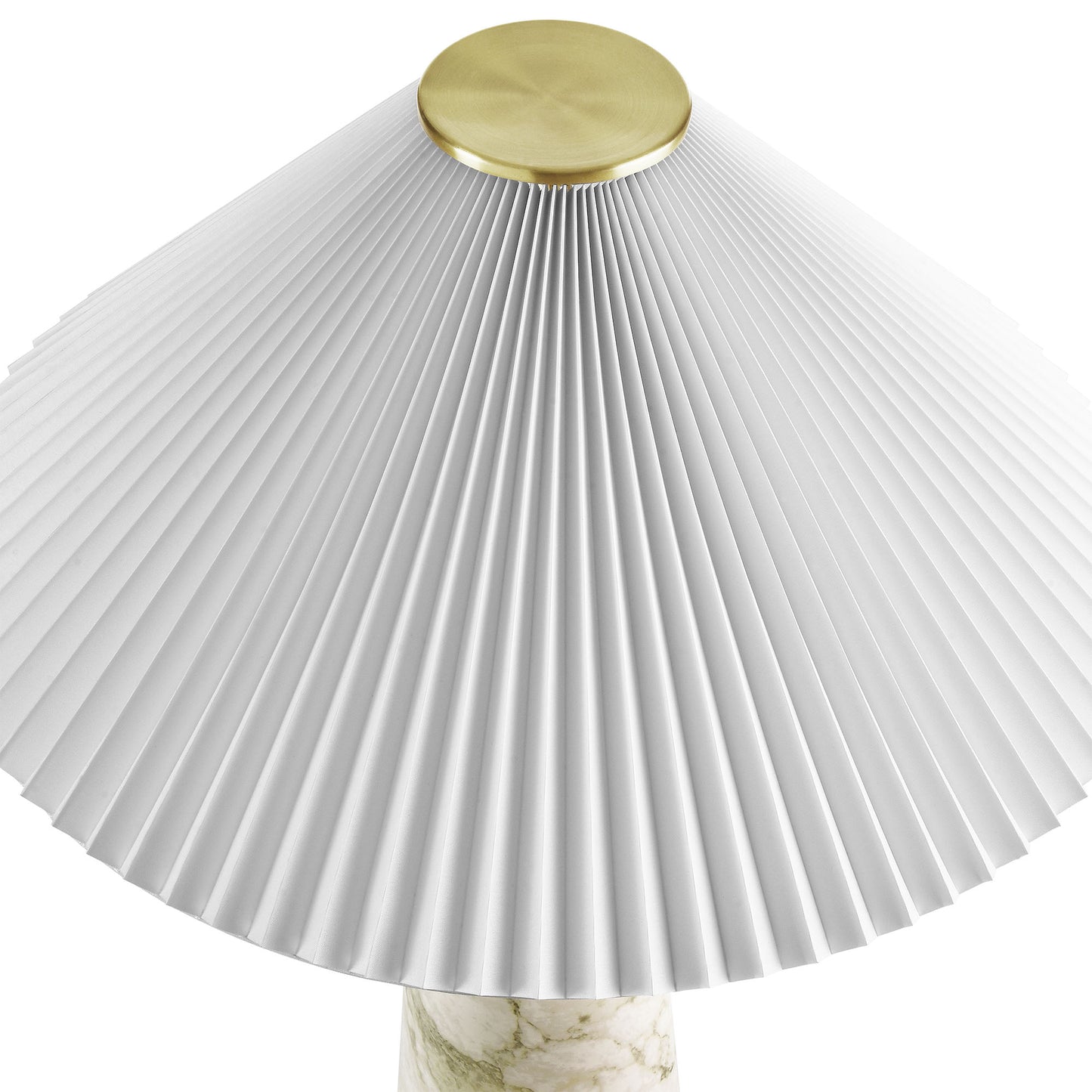 White pleated conical lampshade with brass top on a marble-stem table lamp.
