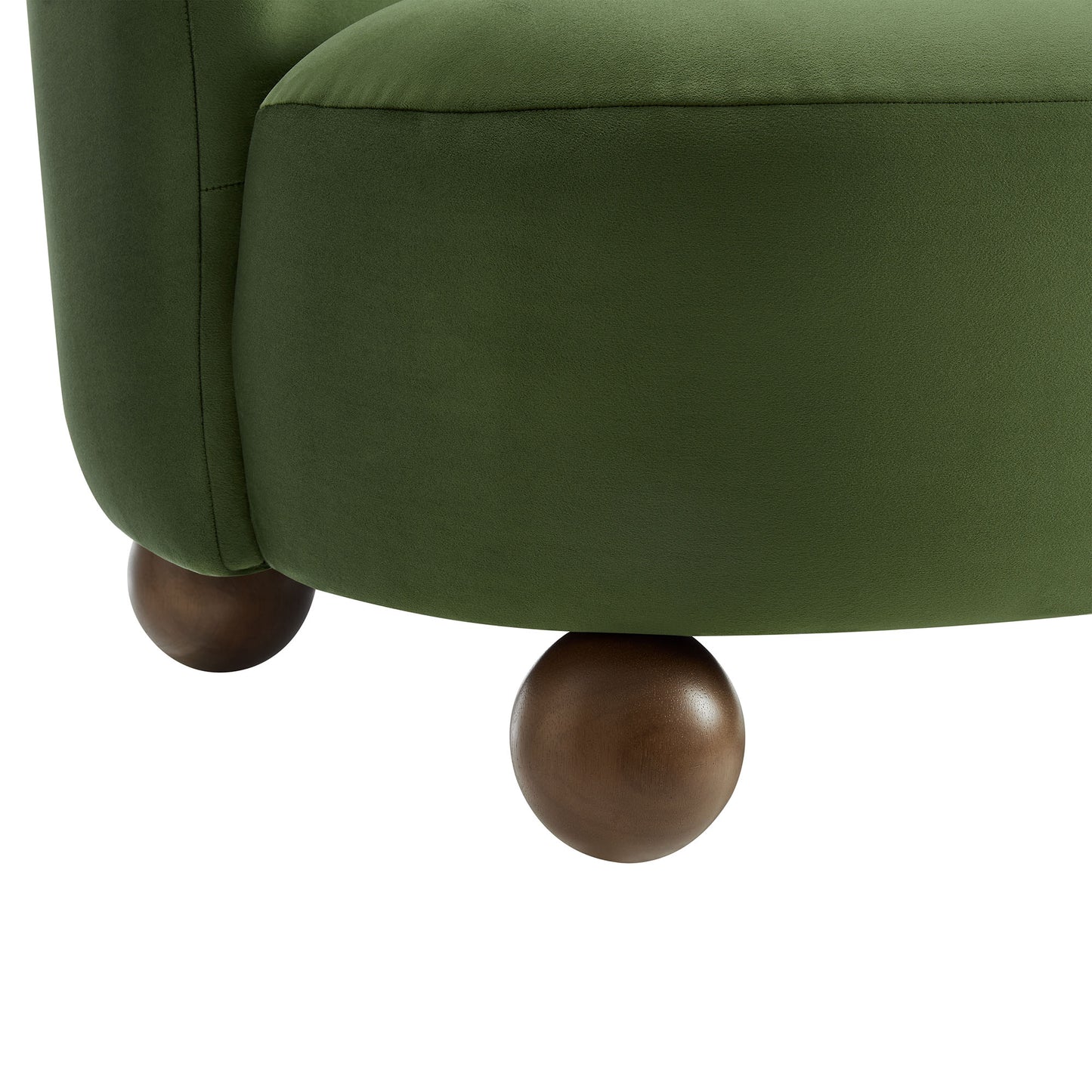 Brown velvet accent chair with round wooden ball feet.