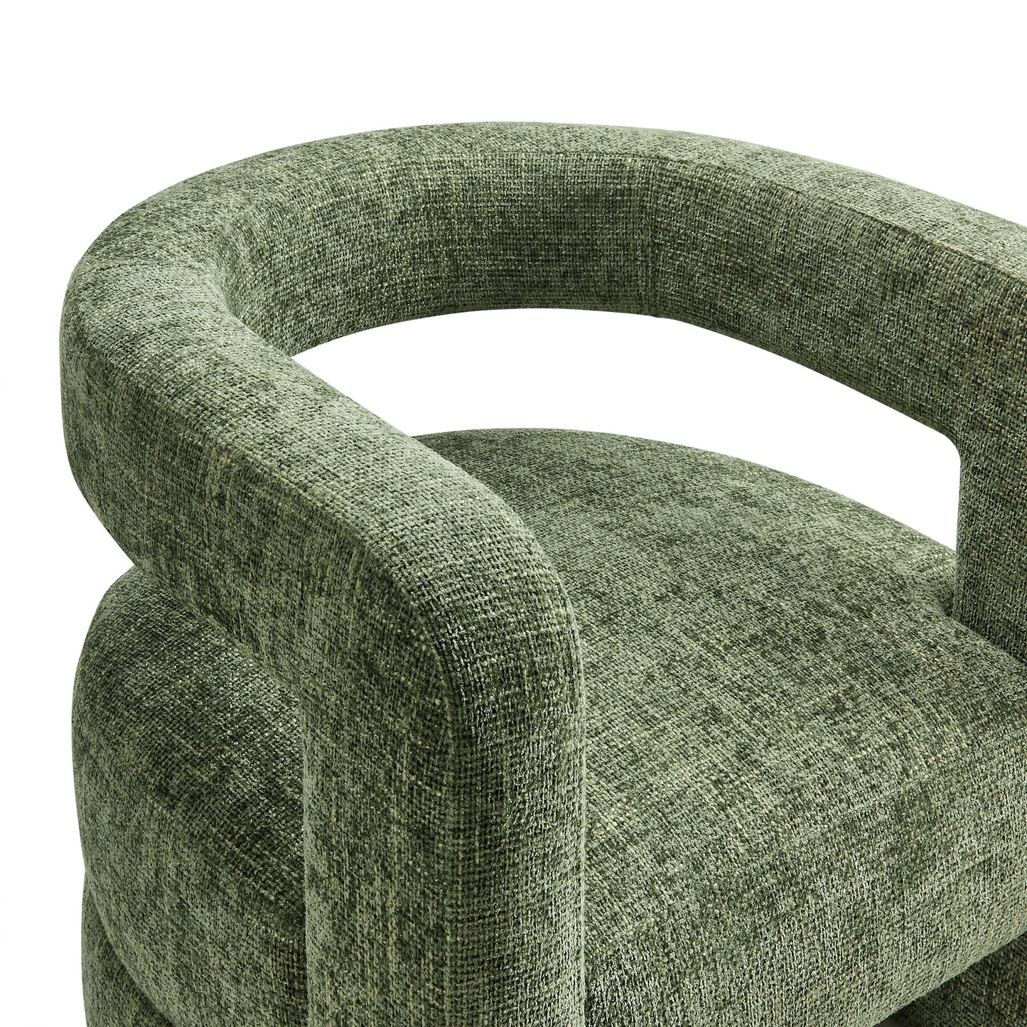 Green chenille accent chair with a rounded back and arms in a barrel-style, mid-century design.