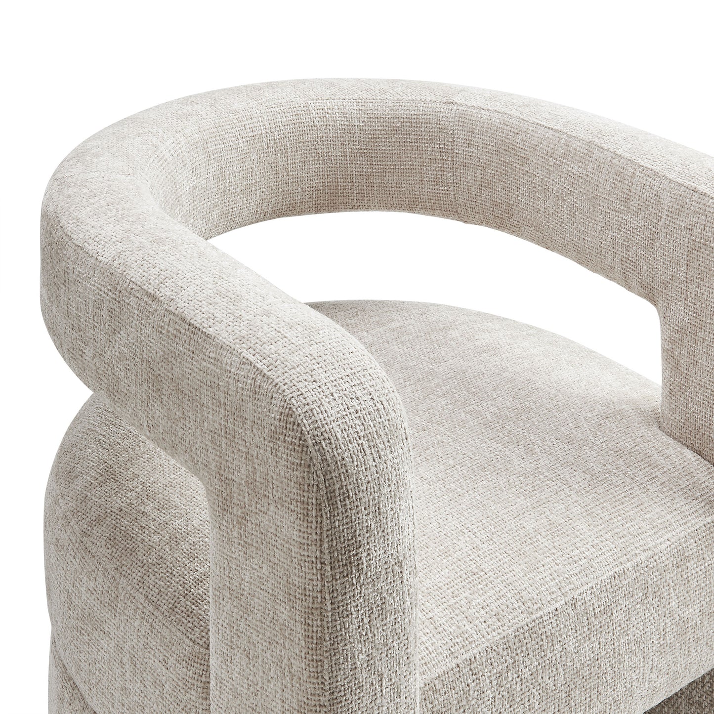 Gray chenille upholstered accent chair with rounded loop arms and cushioned seat in a mid-century style.