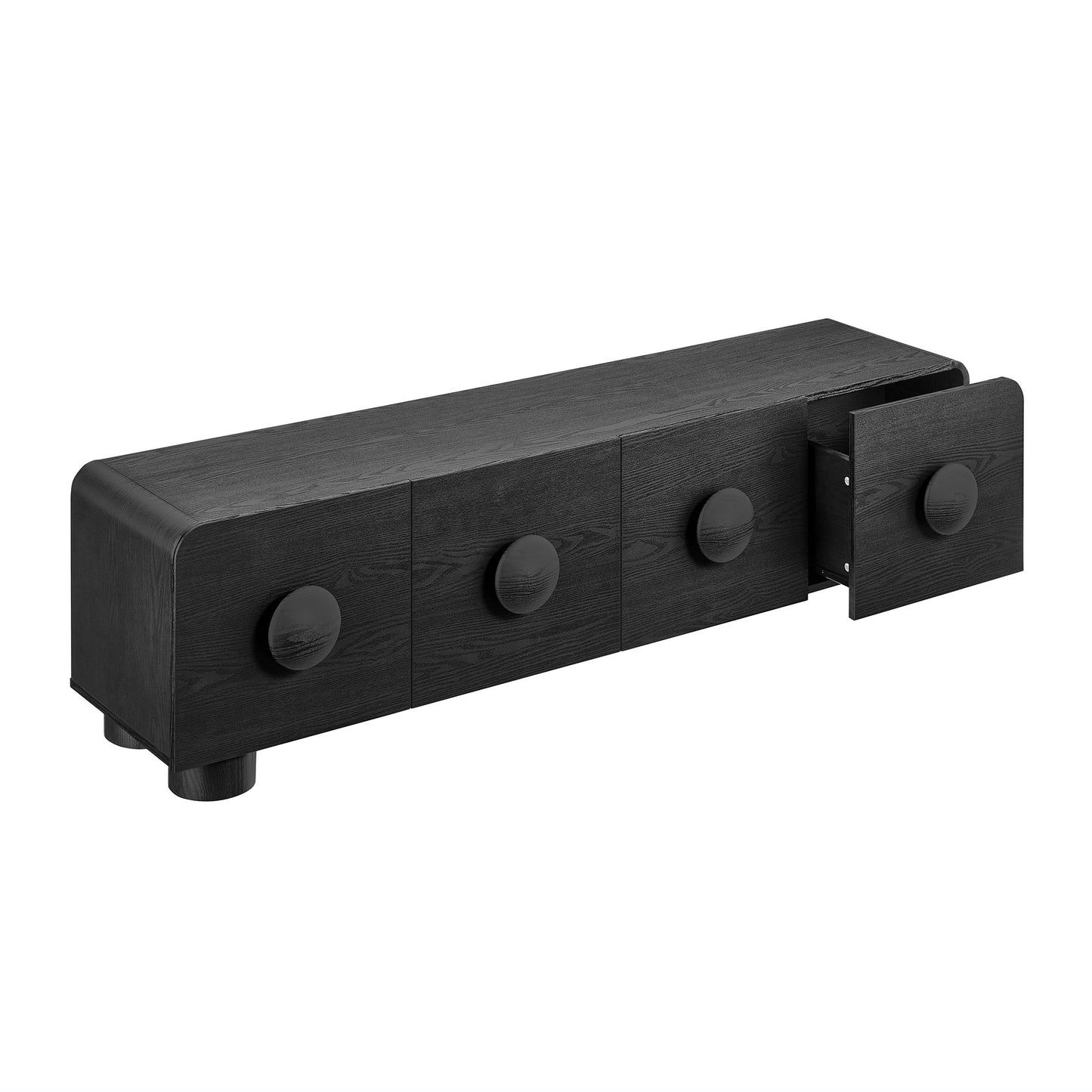 Black wood low-profile TV stand with four round knobs and a small hinged cabinet.