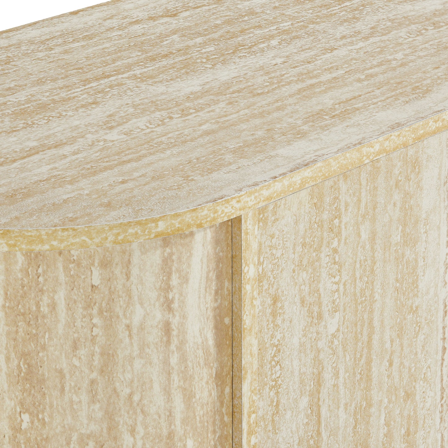 Beige oval faux travertine sideboard with curved front and stone-textured top and sides.