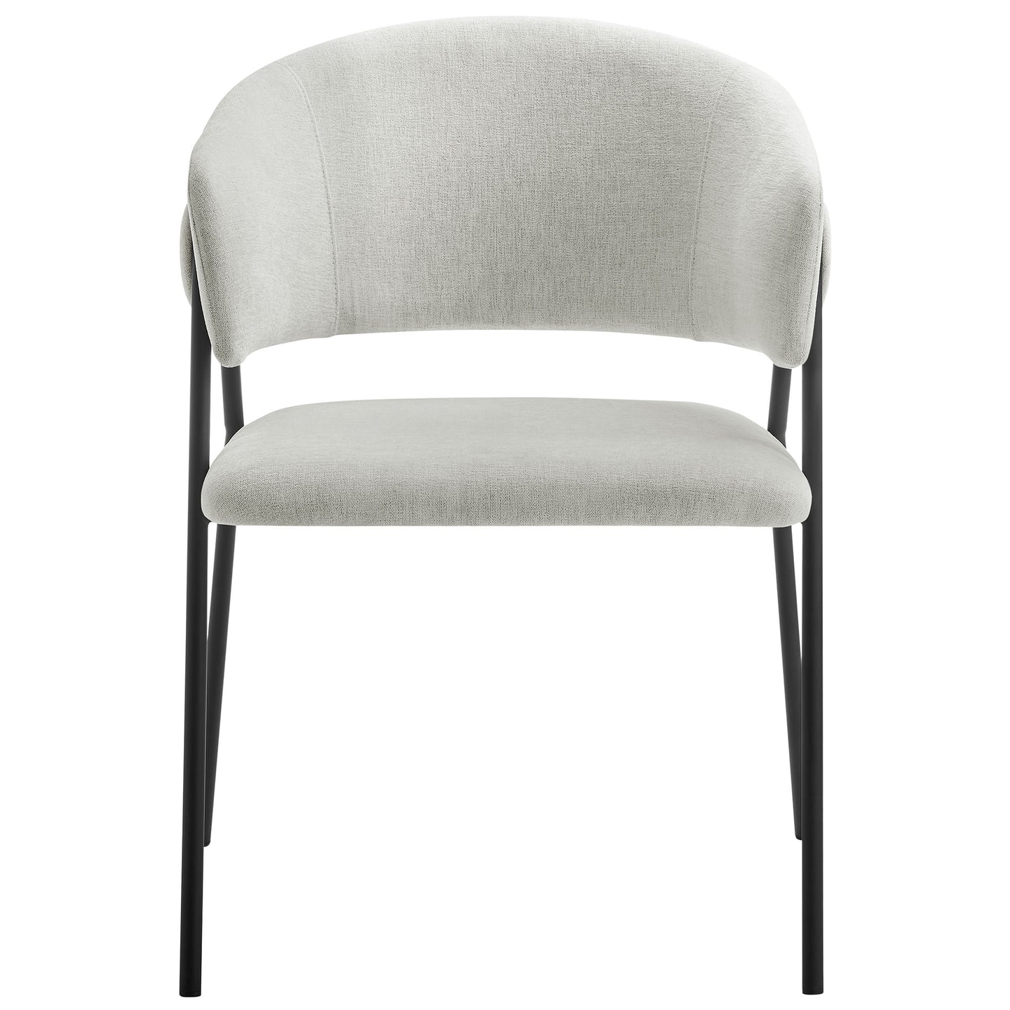 Light gray fabric upholstered armless dining chair with curved barrel back & black metal legs.