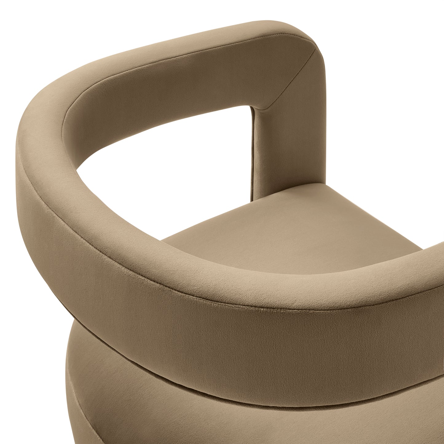Taupe velvet dining chair with a cushioned seat and rounded barrel back in a modern design.