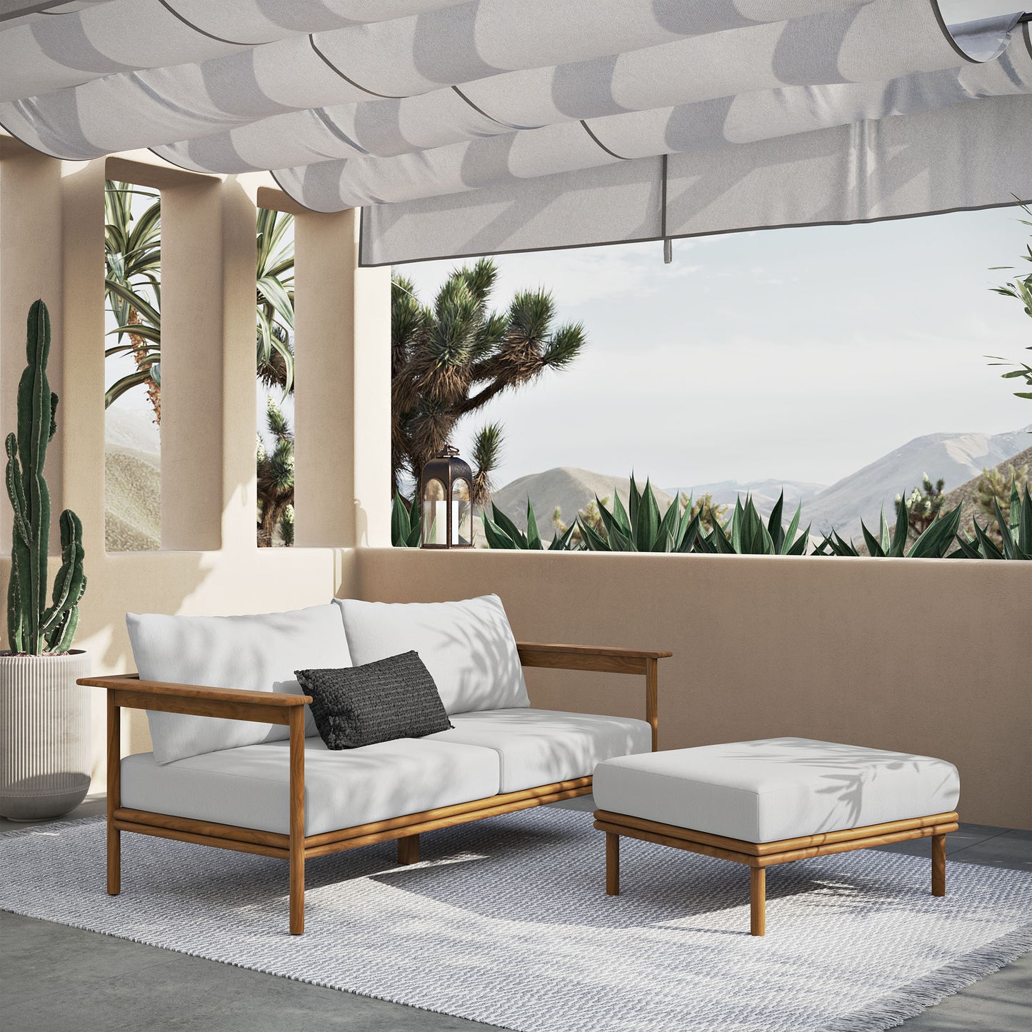 Modway - Wren 2-Piece Outdoor Patio Teak Wood Sofa and Ottoman Set by Modway Outdoor Furniture Sofa Sectionals White - EEI-7066-NAT-SAI