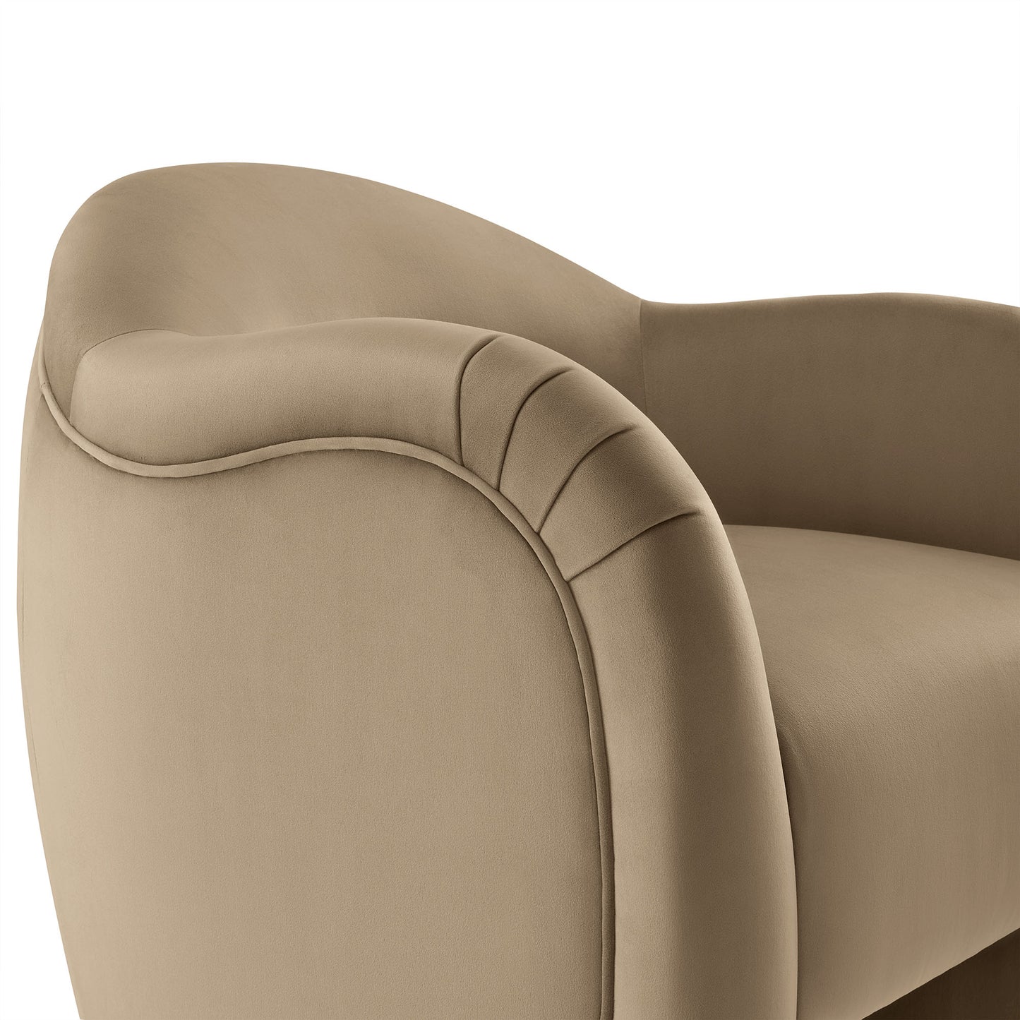Taupe velvet upholstered armchair with rounded rolled arms and subtle stitched detailing.