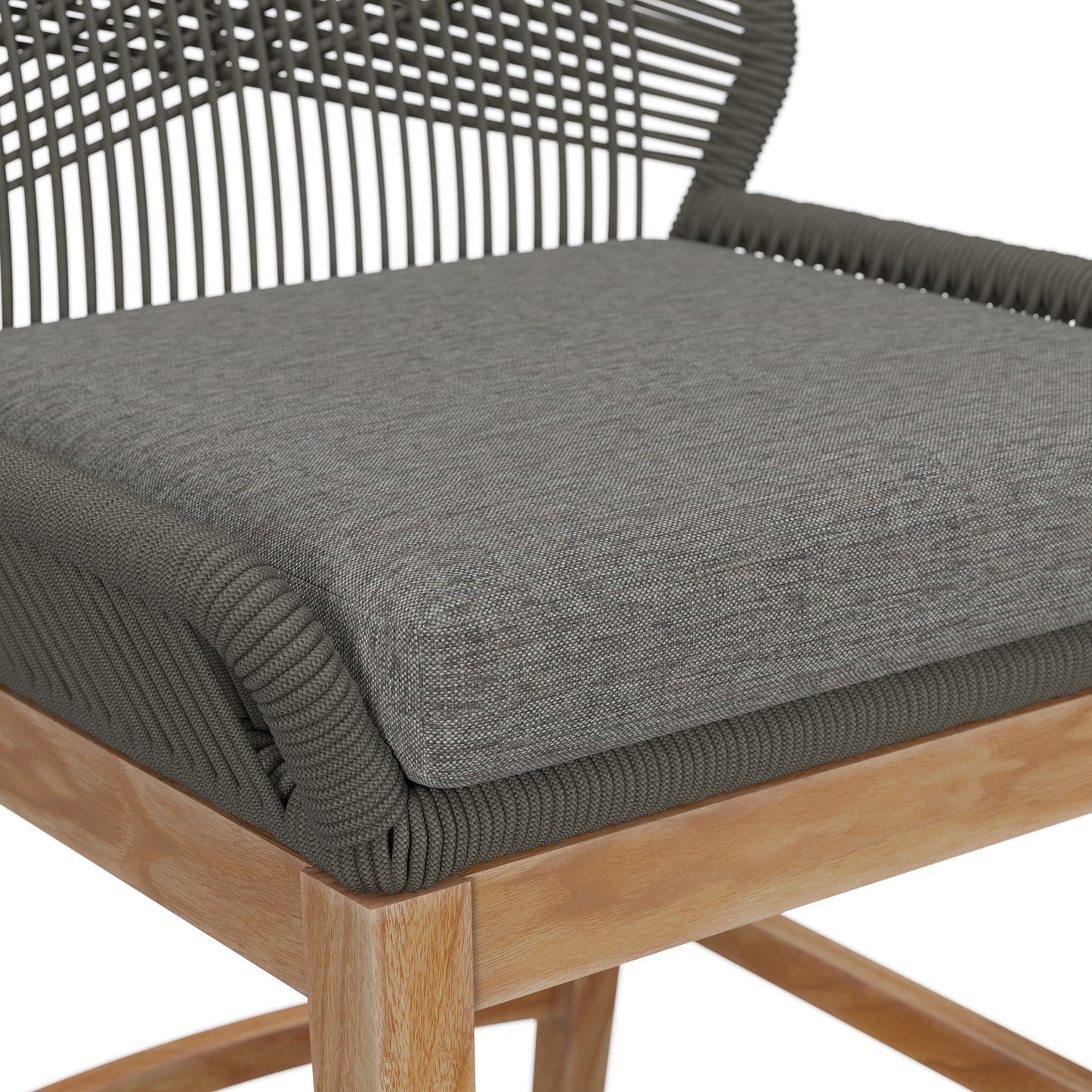 Gray counter stool with rope-wrapped back on a teak frame.