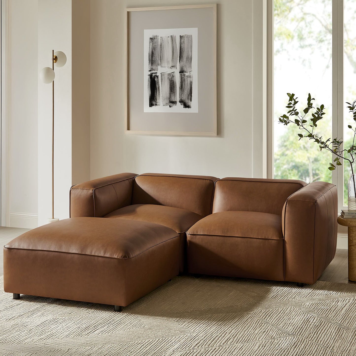 Modway - Auren 3-Piece Upholstered Vegan Leather Modular Loveseat with Ottoman by Modway Living Room Sofas and Armchairs Brown - EEI-7130-COF