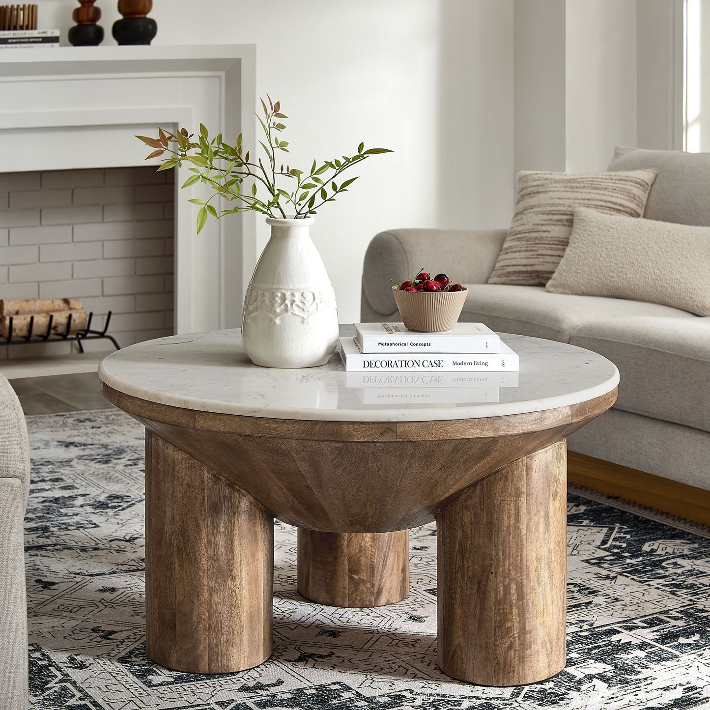Modway - Ellison 33" Round Wood Coffee Table With Marble Top by Modway Living Room Tables Brown - EEI-7146-WAL